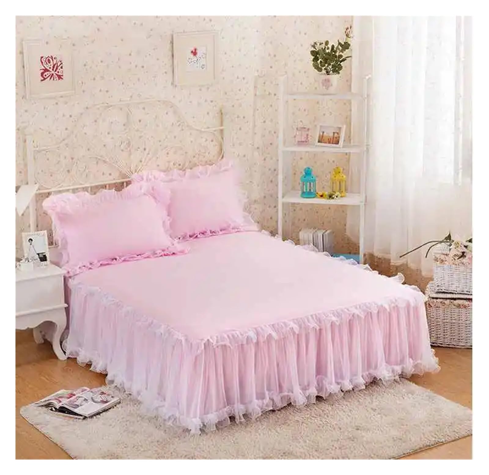 Lace Bedspread, Bed Skirt, Pillowcases, Princess Bedding Sheet, Mattress Cover, Solid Color Home Textile(Pink,1pcs Skirt 180 x 220)