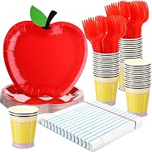 96 Pcs/24 Set Back to School Tableware Plate Set First Day of School Supply | Apple Plate Notebook Napkin Pencil Cup Disposable Tableware Set Teacher Preschool Kindergarten Party Supply Classroom Decor