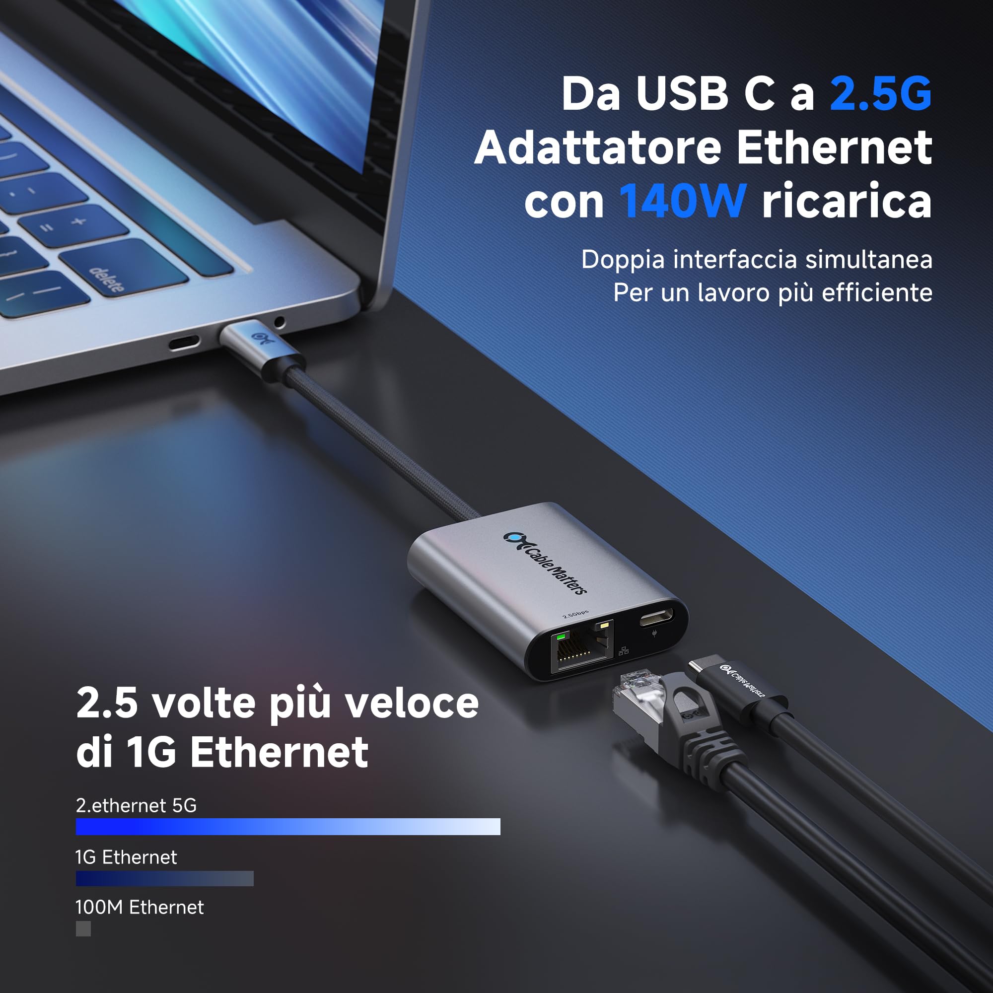 Cable Matters Adattatore USB C a Ethernet 2.5Gb con Ricarica 140W PD 3.1 2.5 Gigabit USBC to RJ45 Compatibile USB4 Thunderbolt 4/5
