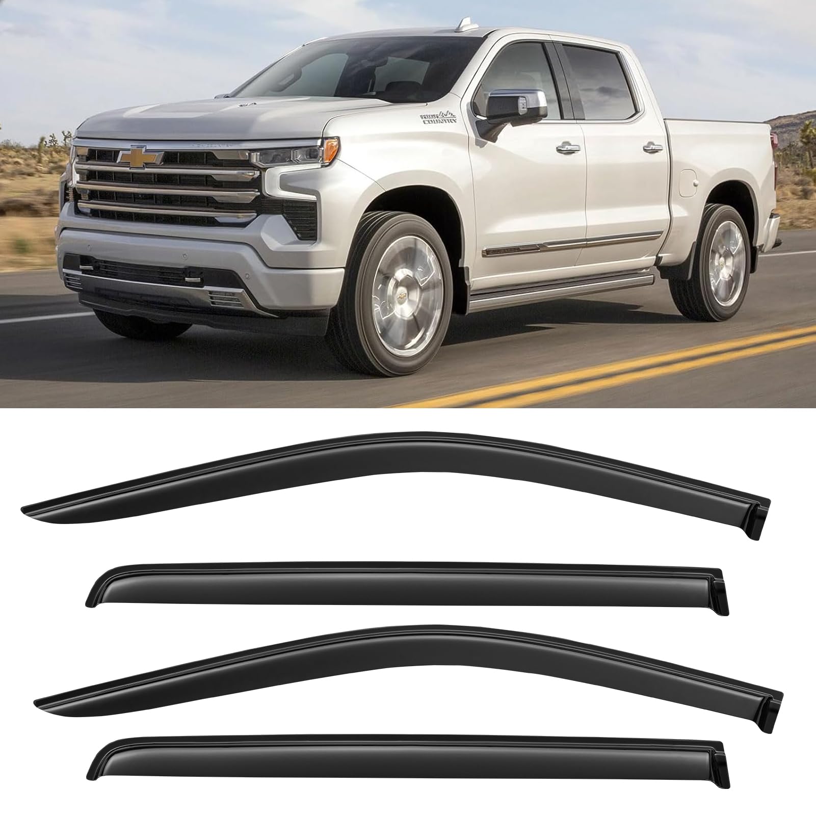 Window Rain Guards for 2019-2025 Chevy Silverado/GMC Sierra 1500 Crew Cab, Out-Channel Window Vent Wind Visors Shades Deflectors for 20-25 Silverado/Sierra 2500HD 3500HD Full-Size Cab