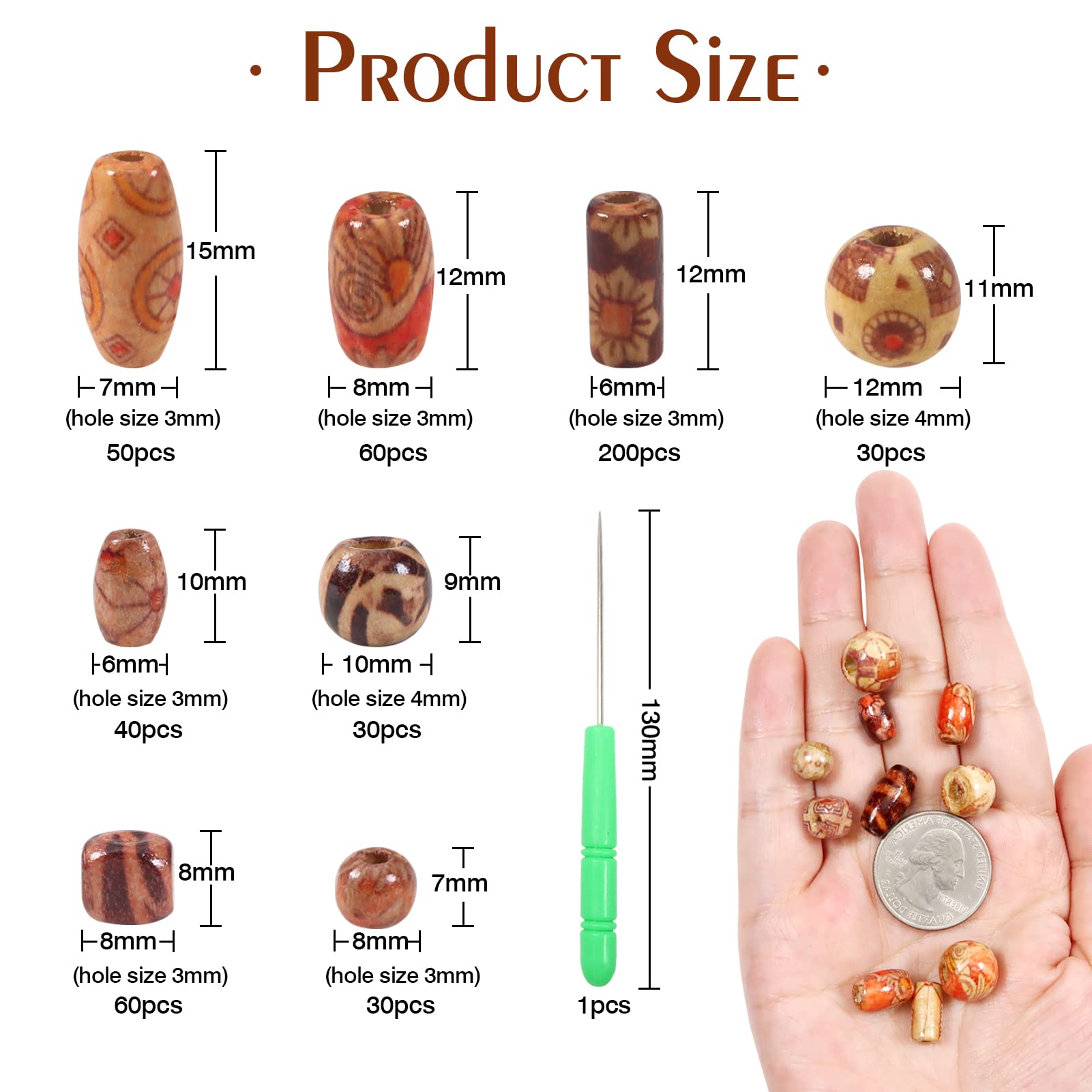 200 Perline In Legno Naturale 11mm - 4 Colori, Foro Largo Per Bracciali E Collane Fai Da Te - Foto 6