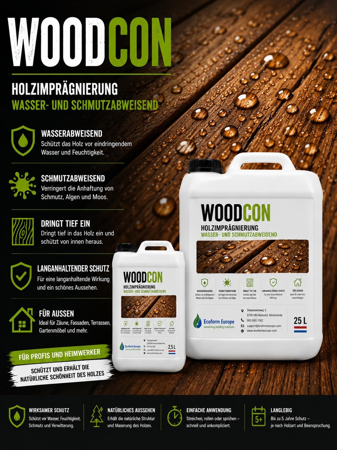 Woodcon Holzversiegelung | Holz und Multiplex wasserabweisend machen | Holzschutz | ergiebig | kein Mattglanz | überstreichbar | 1 liter