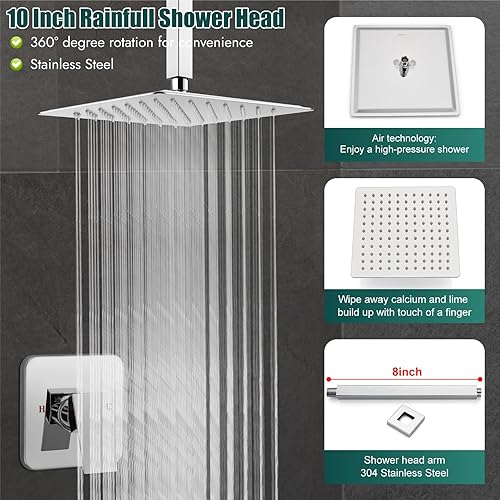 Miniatura 3 de Heyalan Juego de grifo de ducha cuadrado de acero inoxidable para baño, sistema de ducha de lluvia con una manija, kit de molduras de ducha de una
