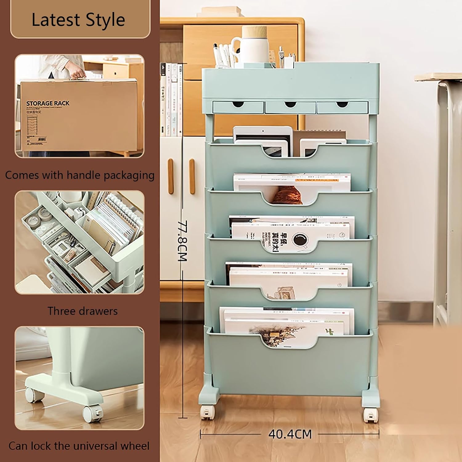 Movable Bookshelf with Wheels, 6 Tier Rolling Bookshelf Cart, Portable Bookshelf on Wheels, Moveable Bookshelf Cart for Kitchen Bathroom Bedroom Office, Mobile Book Shelf Organizer(Blue)