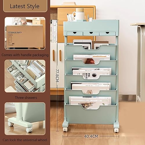 Miniatura 3 de Estantería móvil de 6 niveles con ruedas y 3 cajones, carrito de almacenamiento estrecho con ruedas para sala de estar, dormitorio, cocina,