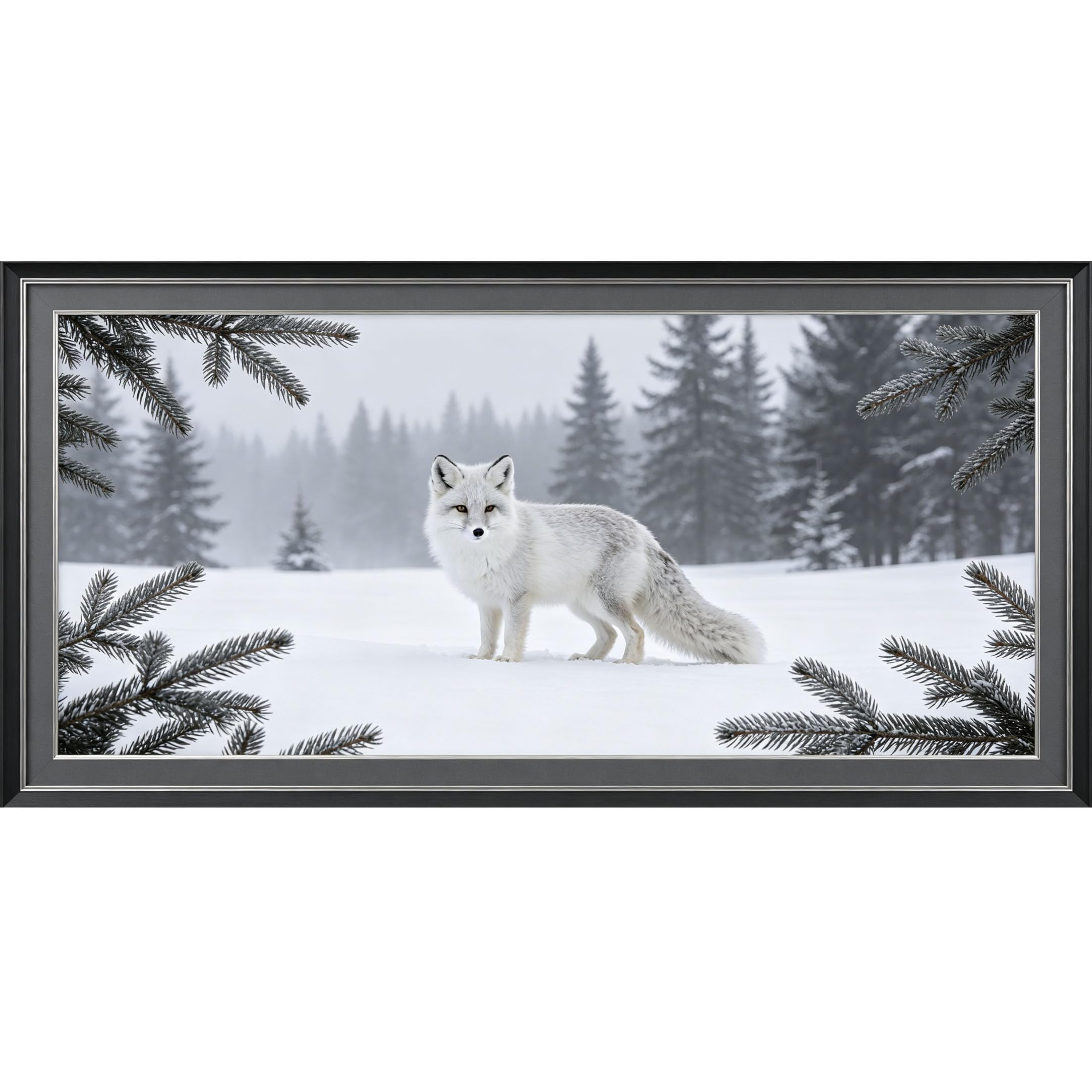 Agglomerix 3D Framed Wall Art Arctic Fox Snow Forest Landscape Pine Winter Scene Large Size Self-Adhesive Removable Wall Decor Prints Artwork for Living Room Bedroom Office