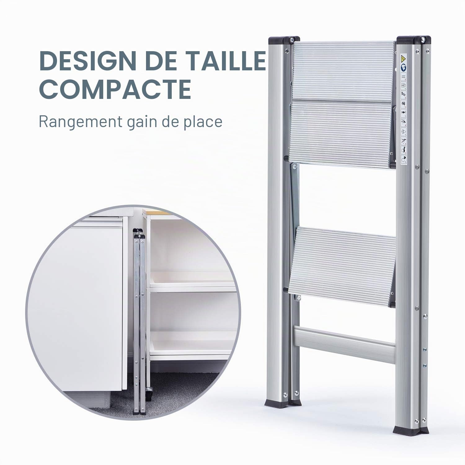 KINGRACK Escabeau 2 marches Aluminium Pliable, Marche Pied Aluminium Pliant, escabeau antidérapant, Petit et Compact, capacité de Charge jusqu'à 150 kg, 2 marches, Marchepieds escamotables