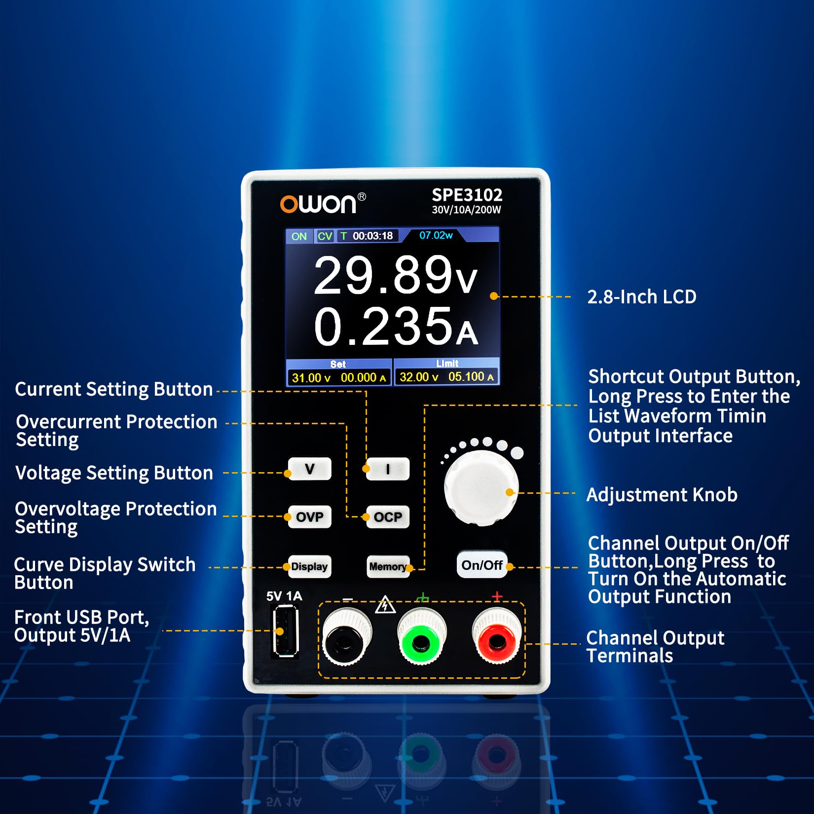 OWON SPE3102 DC Zasilacze laboratoryjne 30 V/10 A 4-cyfrowy wielokrotna ochrona o wysokiej dokładności 2,8-calowy wyświetlacz TFT LCD z obsługą portu USB SCPI