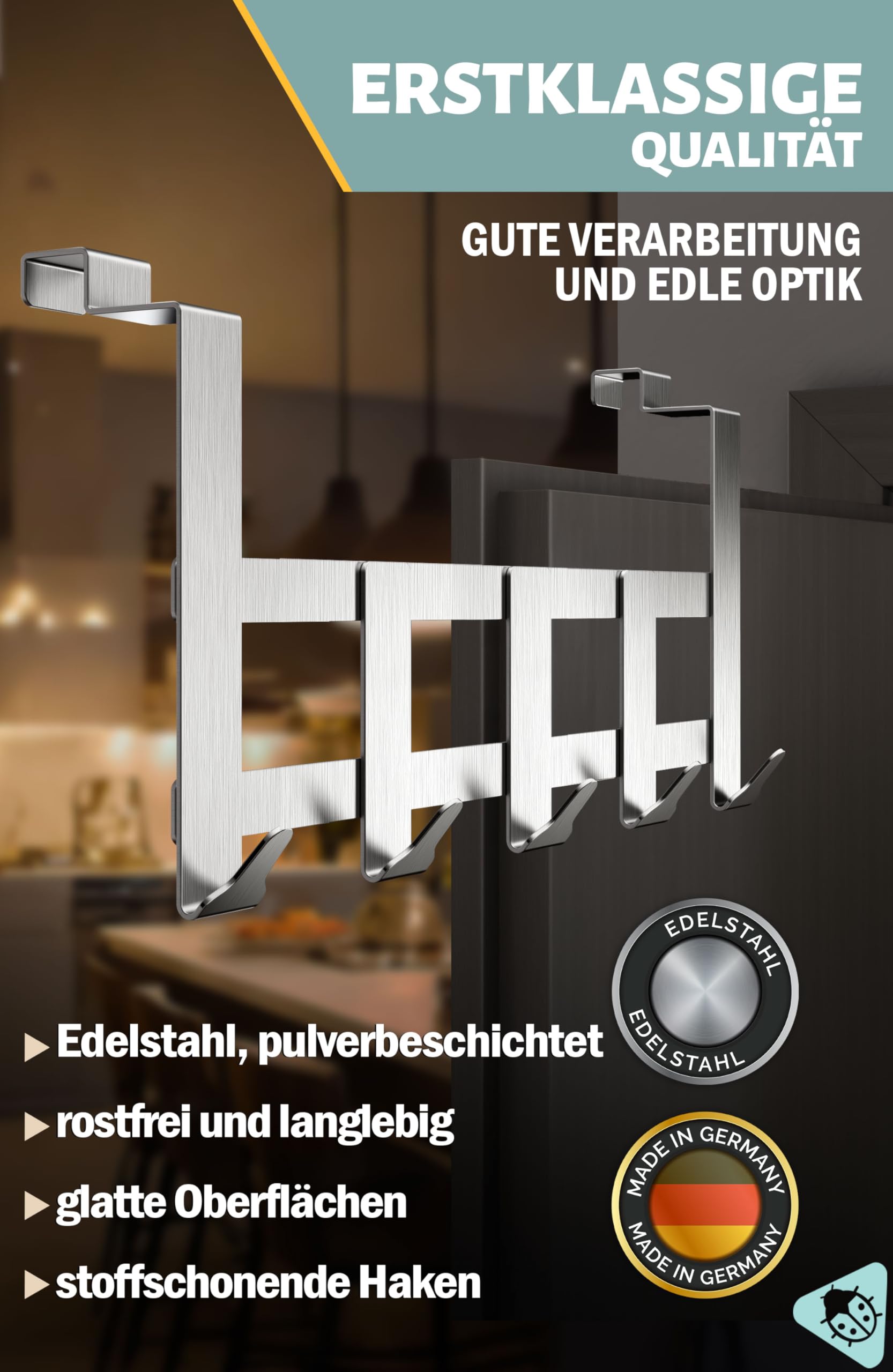 Menz Premium Türgarderobe - Edelstahl Türhakenleiste Innenseite, belastbare Türhaken zum Einhängen Tür-Rückseite - Hochwertige Türgarderobe mit 5 Haken zum Einhängen
