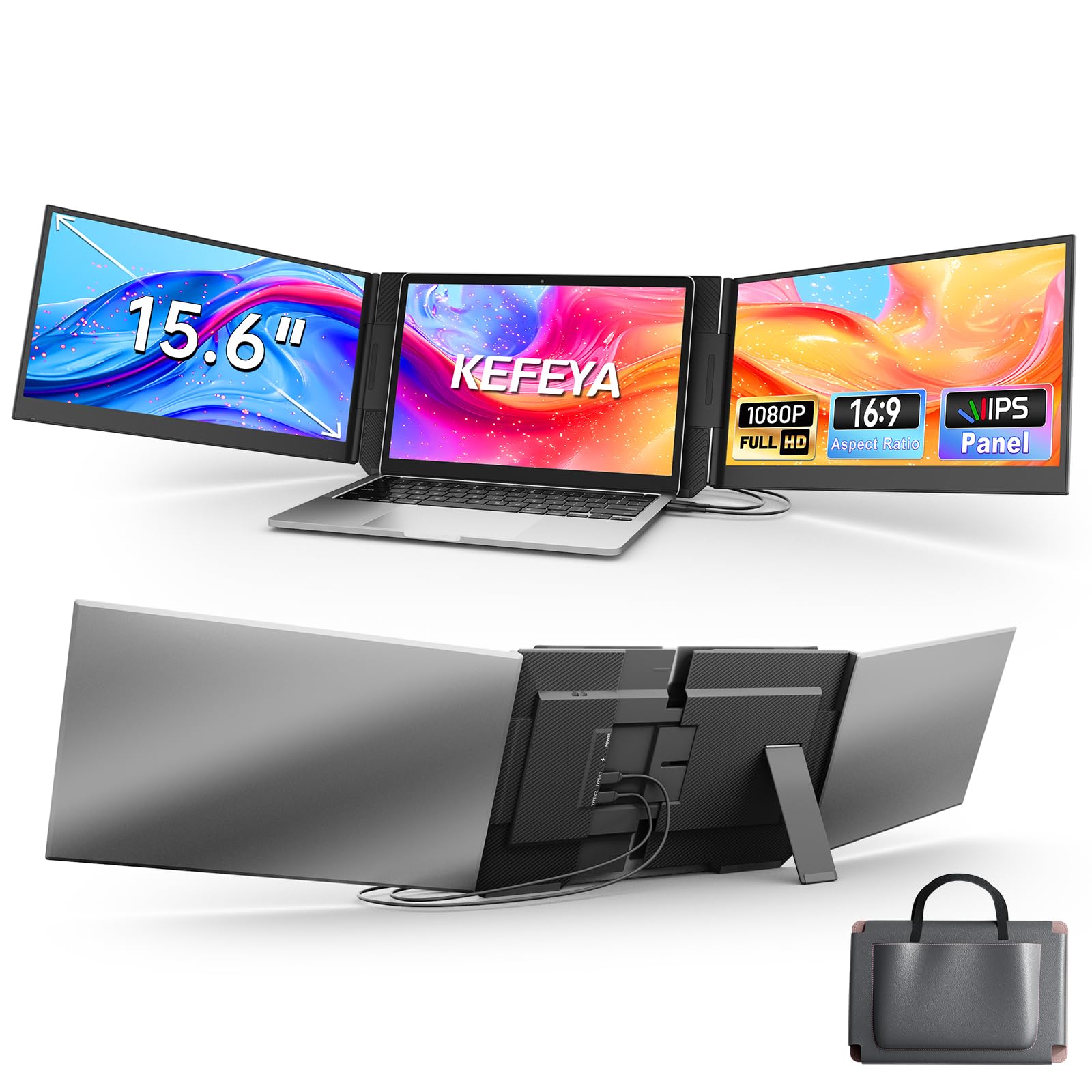 KEFEYA 15,6" 1080P FHD potrójny monitor przenośny monitor Plug and Play przenośny ekran rozszerzeń do Windows, Mac, Chrome, Android, Xbox Laptop Screen Extender z 13,3"-17"