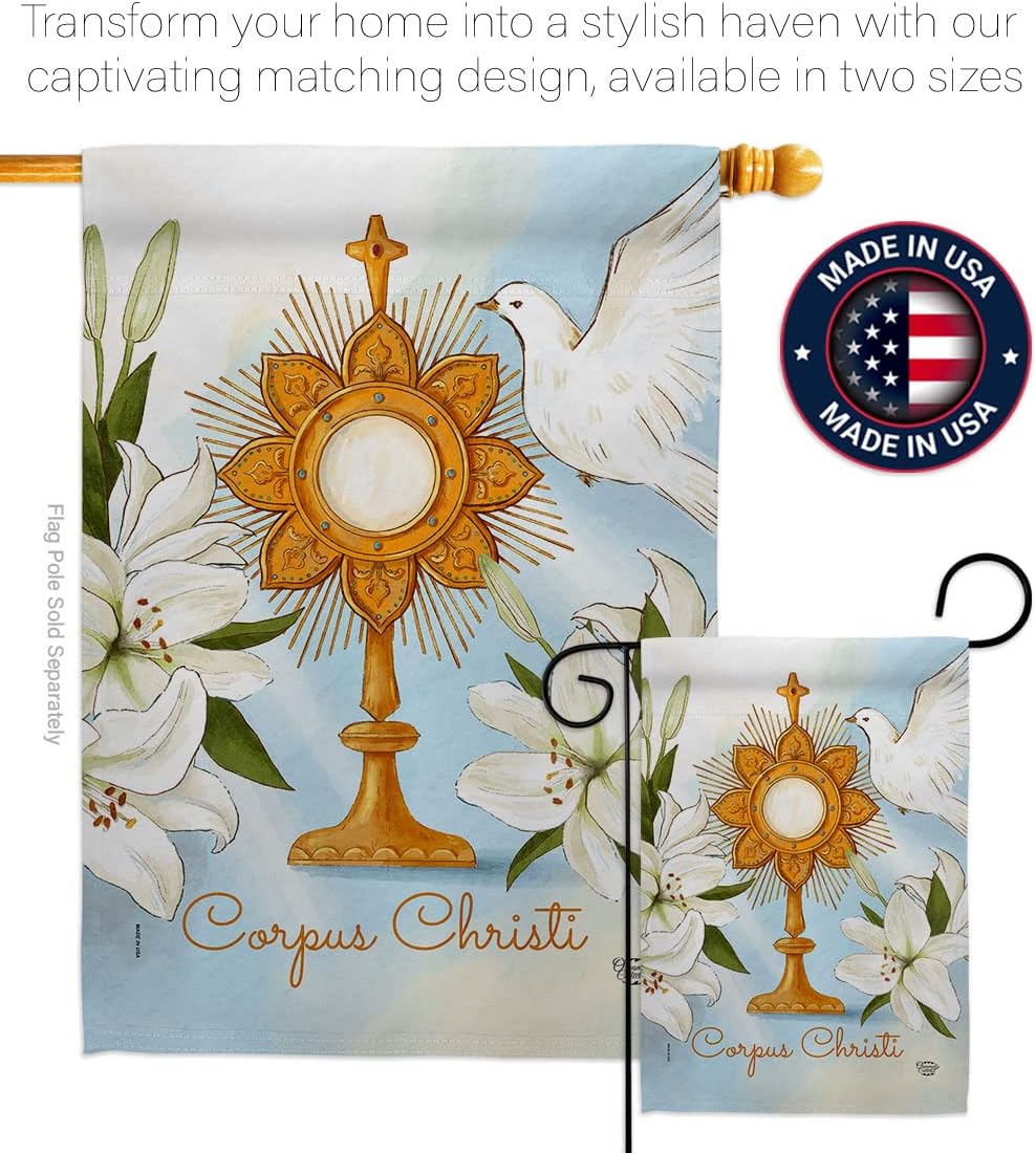 Corpus Christi House Flag Religious First Communion Gifts Cross Chalice Holy Eucharist Christian Religion Tradition Catholic Home Decoration Indoor Banner Small Garden Yard Lawn Porch Outdoor Wall Tapestry Made In USA