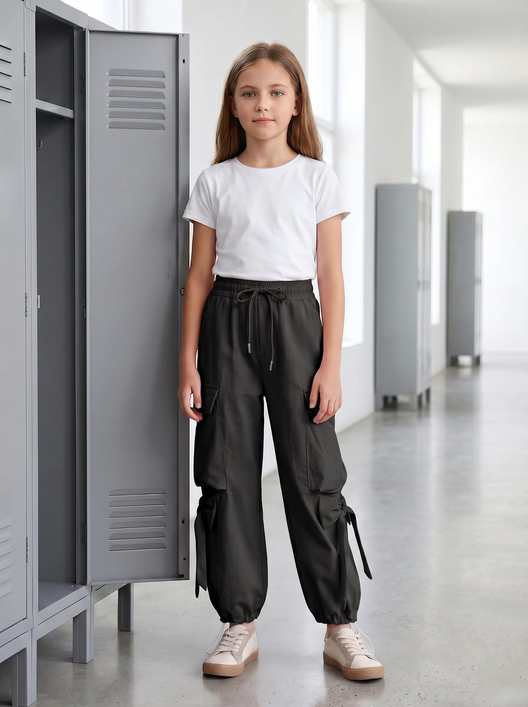 JiAmy Pantalones cargo holgados para niñas, cintura elástica con lazo, pierna ancha, transpirables, Y2K, pantalones deportivos casuales para verano, para baile, escuela, jugar, 5-14 años