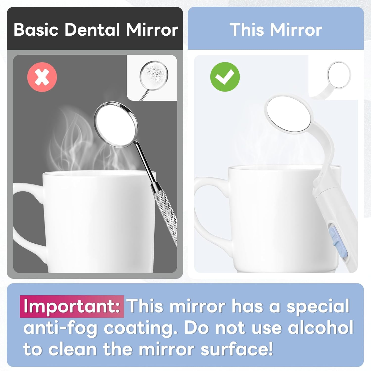 InhwRior Rechargeable LED Dental Mirror with USB Charging Function, Anti-Fog Mirror Surface, White & Yellow Dual Lighting, Detachable Design for Easy Cleaning(Blue)