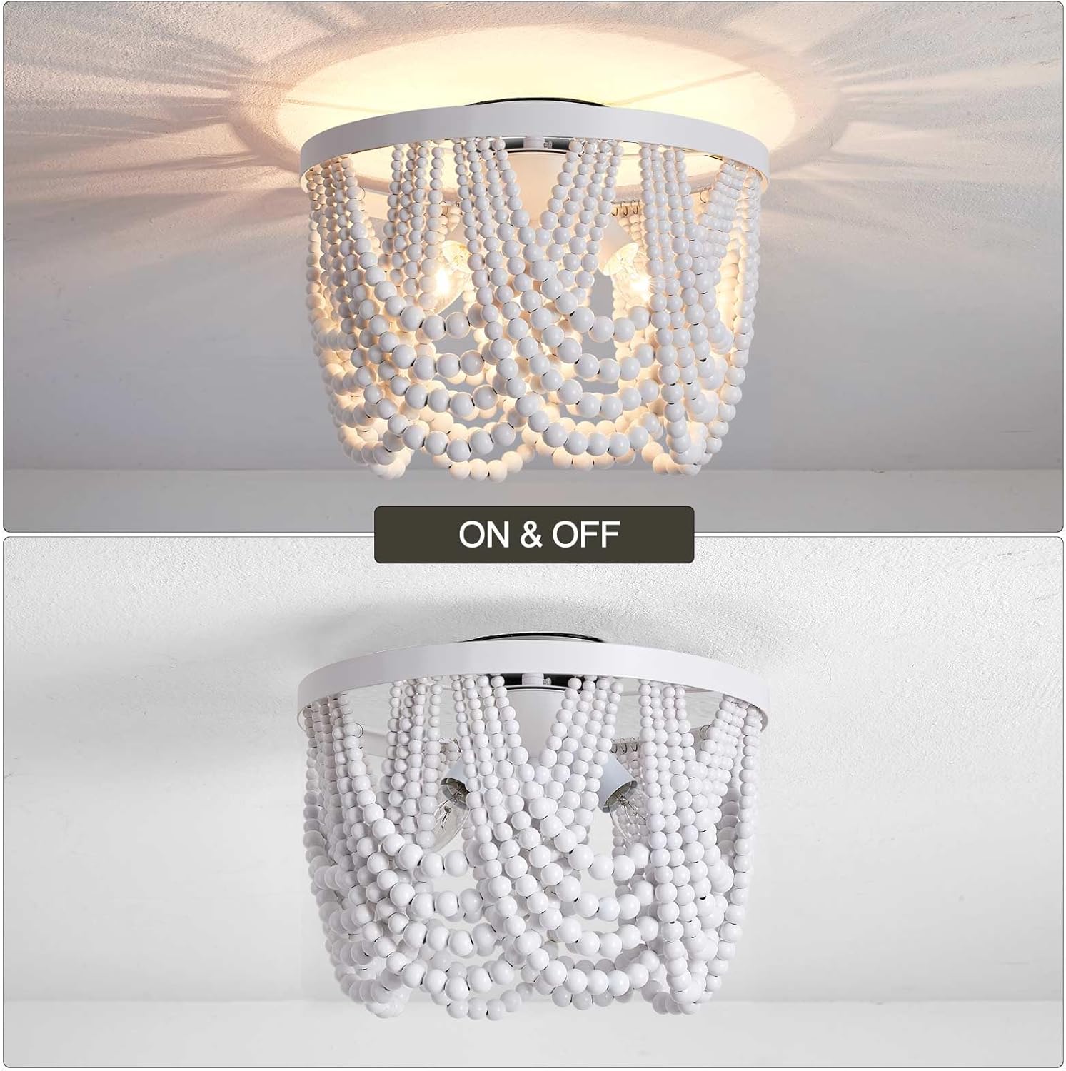 Farmhouse Boho Flush Mount Ceiling Light,3-Light White Wood Bead Chandeliers,Bohemian Hanging Pendant Lighting Fixture for Bedroom,Living Room,Entryway,Hallway