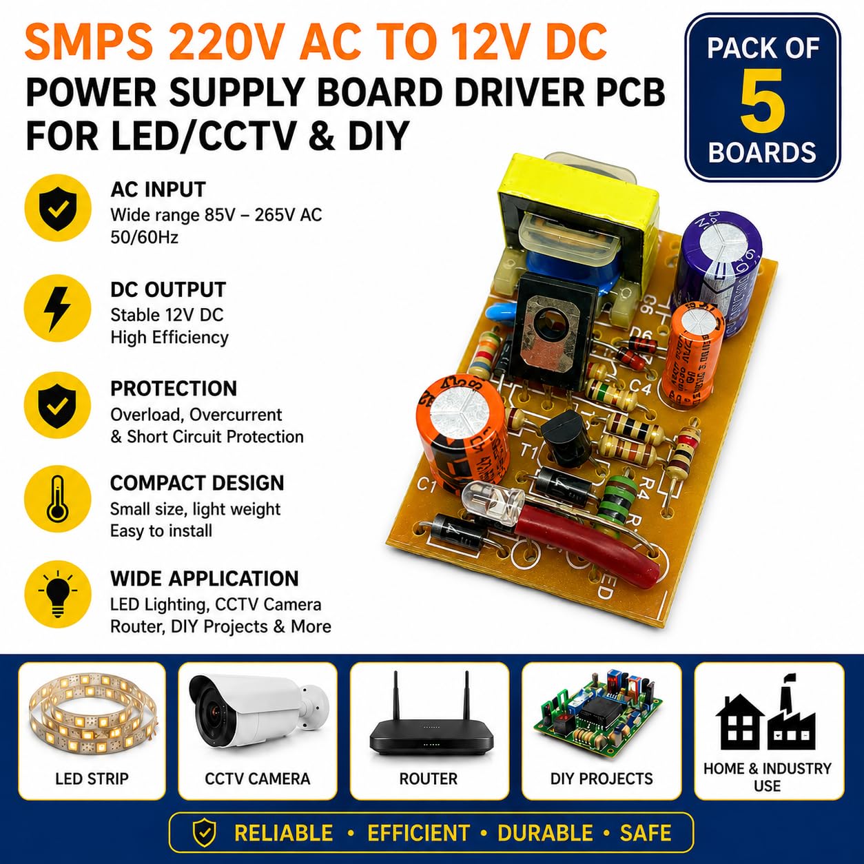 SMPS 220V AC to 12V DC Power Supply Board Driver PCB for LED Lights, CCTV Camera, DIY Electronics Projects – Pack of 5 Power Supply — Amazon image 4