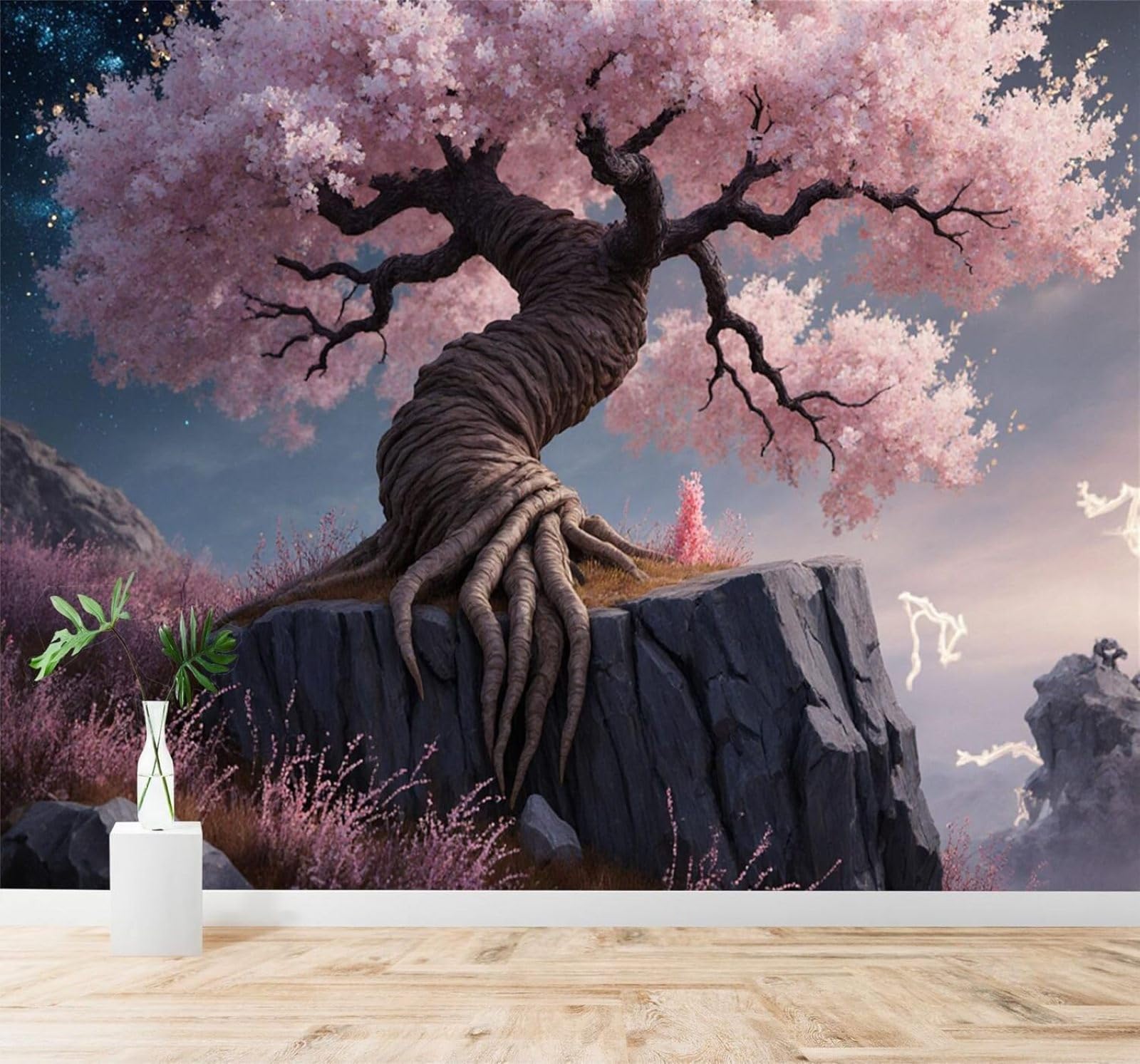 XLMING Beautiful Three Dimensional Pink Cherry Blossom Tree Starry Sky Cliff 3D Wallpaper Silky Texture Home Study Office Grey Dining Room Sofa Bedroom Living Room TV Backdrop-400cm×280cm