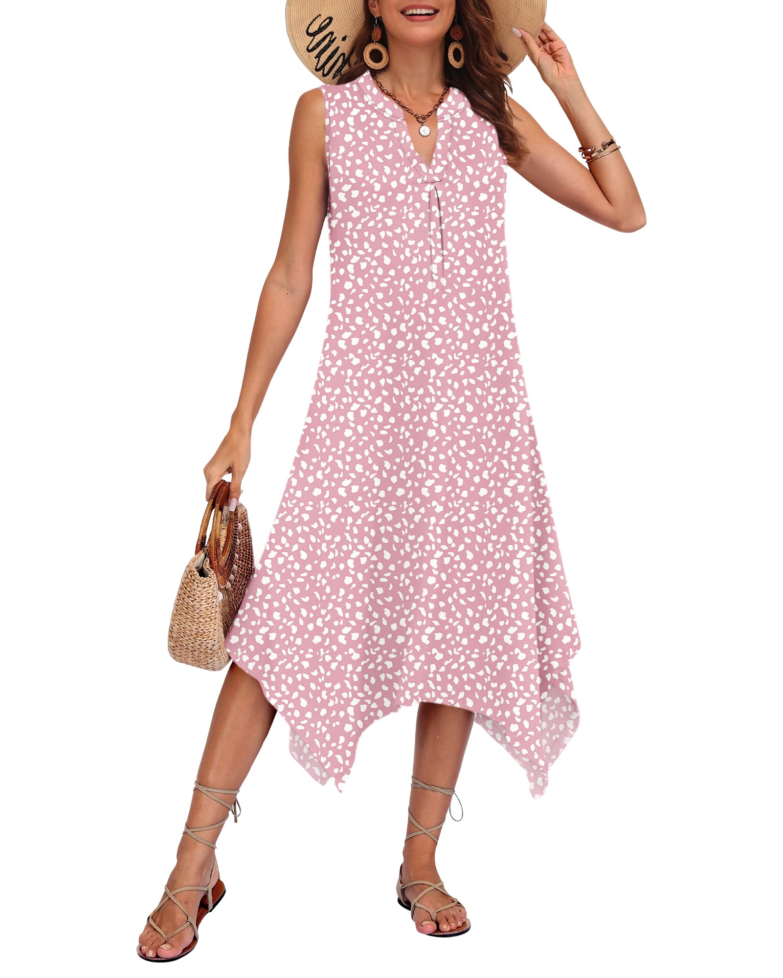 AUSELILY Womens Summer Midi Dress V Neck Sleeveless Casual with Pockets
