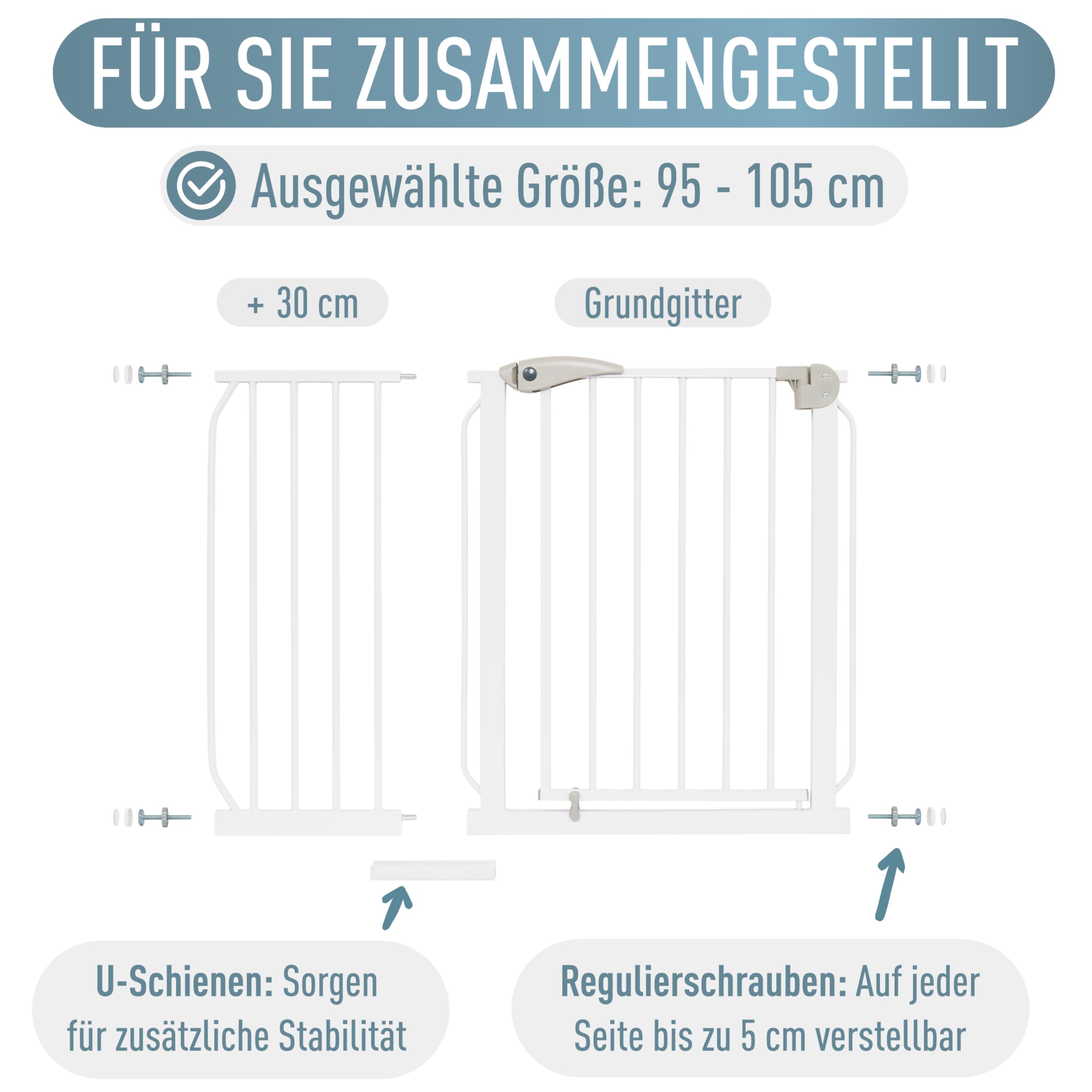 IB STYLE Türschutzgitter Berrin 95-105 cm - Treppenschutzgitter für Kinder, zum Klemmen, Gittertür, Ohne Bohren, Weiß Grau