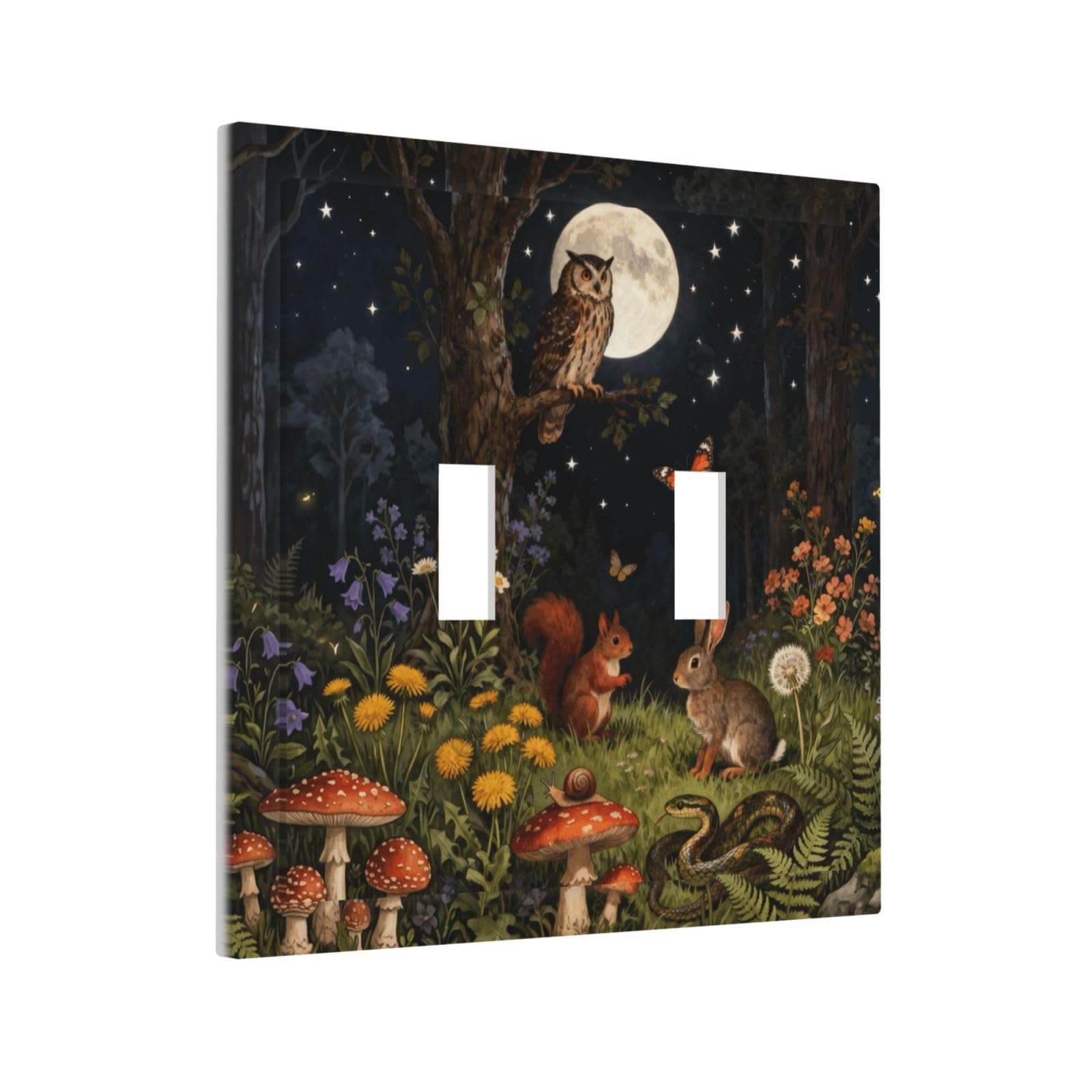 Sghxwp Watercolor Night Forest Animals Double Toggle Light Switch Covers Decorative Moon Owl Squirrel Rabbit 2-Gang Wall Plate Electrical Switchplate Faceplate for Whimsical Cottagecore Nursery Decor