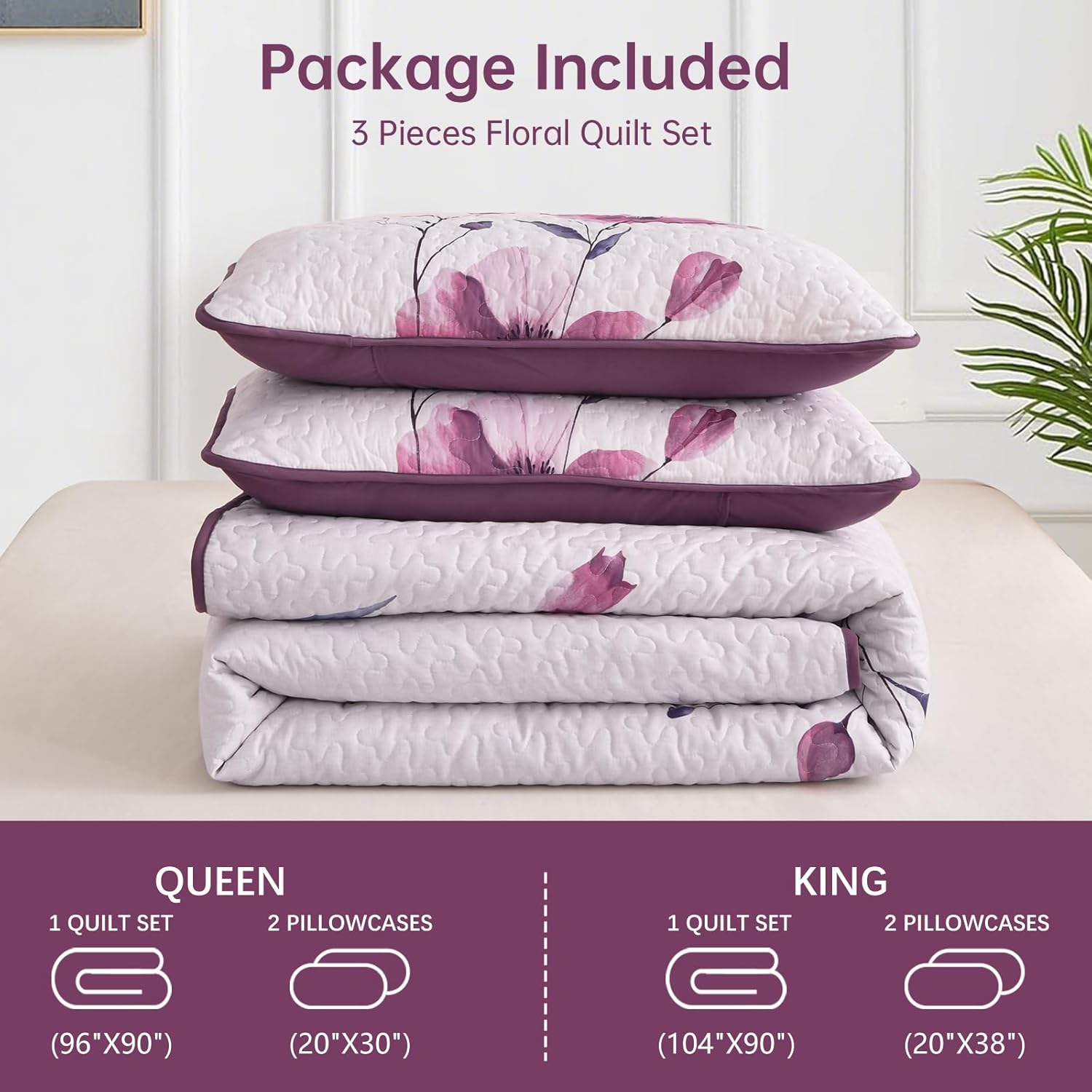 Mybedsoul Floral Quilt Set Queen Size, 3 Pieces Rose Pink Bedspread Coverlet Set, Lightweight Farmhouse Botanical Bedding Set for Fall Winter All Season(96"x90")