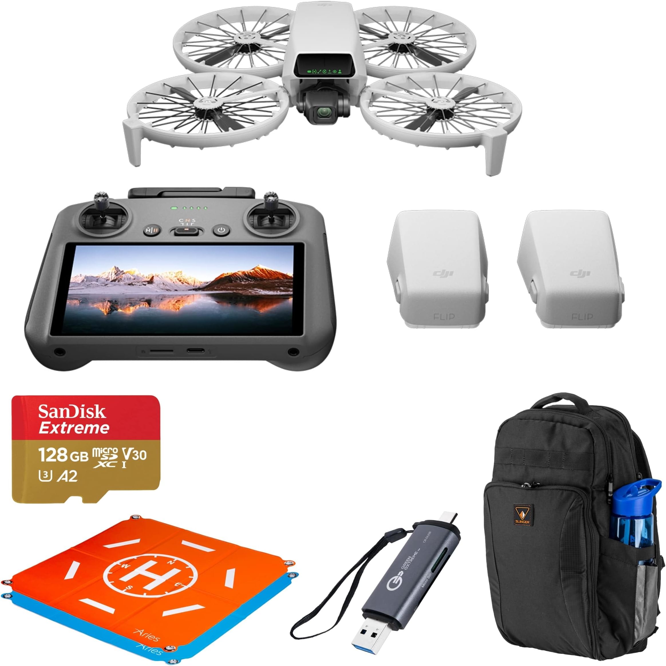 Flip Drone Fly More Combo with RC 2 Remote Controller, 3 Batteries for 93-Min Flight Time + Backpack + SD Card + Landing Pad, Card Reader