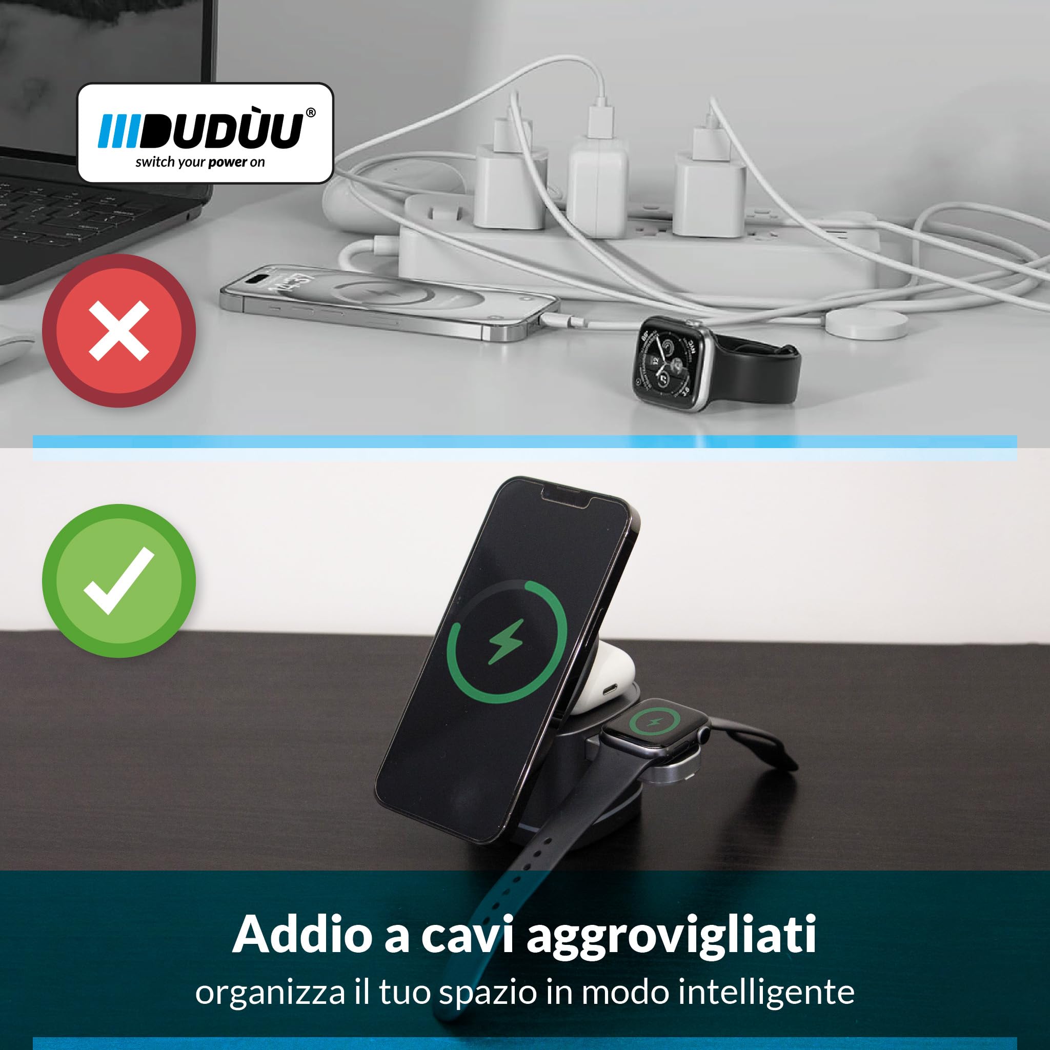 X Tower Caricatore Wireless 3 in 1, Base di Ricarica per Smartphone, Smartwatch e Auricolari Compatibili, Supporto Verticale Compatto