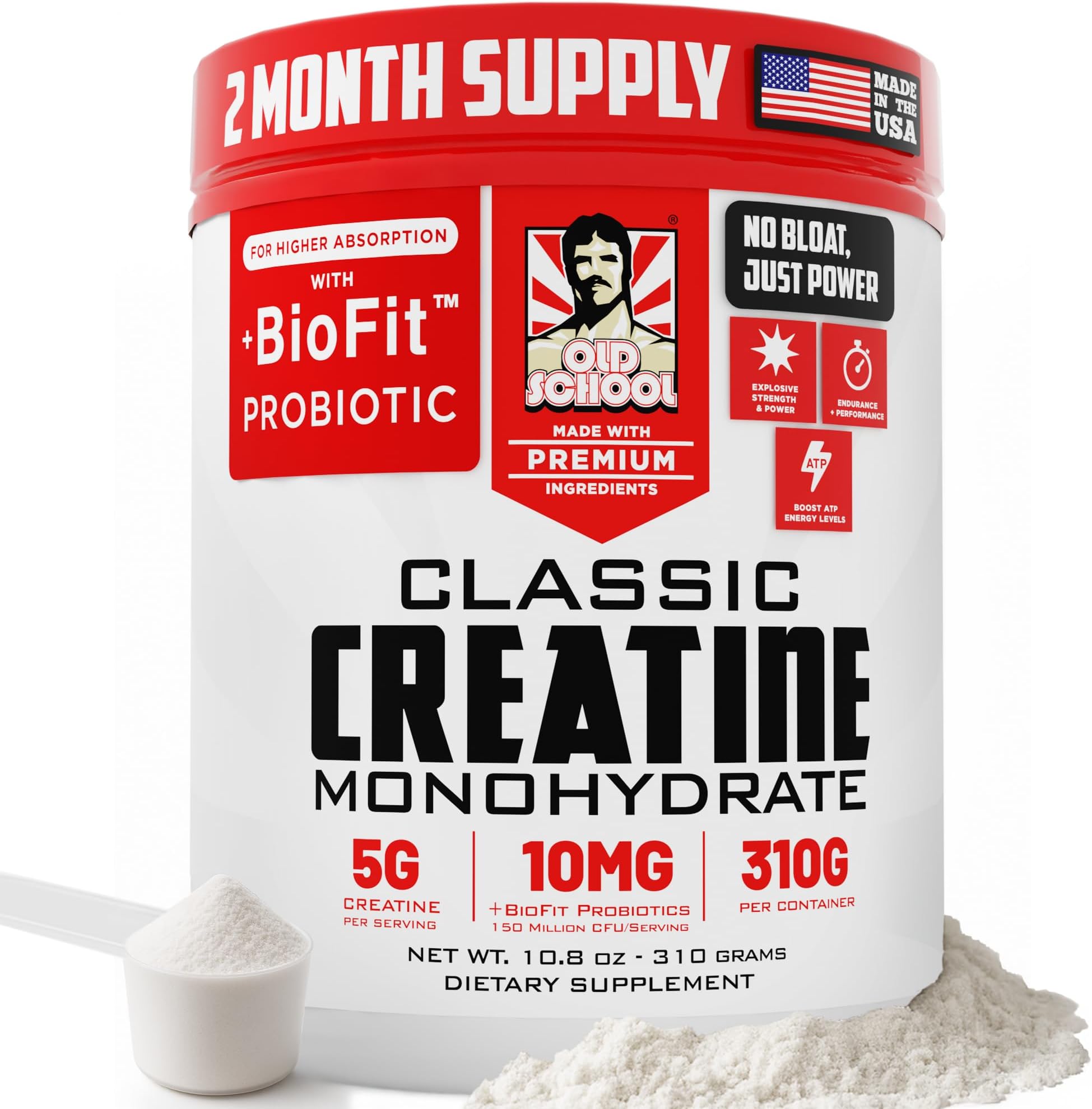 Old School Labs 5000mg Micronized Creatine Monohydrate for Muscle Growth | With BioFitโข Probiotic, No Bloat Post-Recovery for Men & Women, Supports Muscle Growth, Strength & Performance