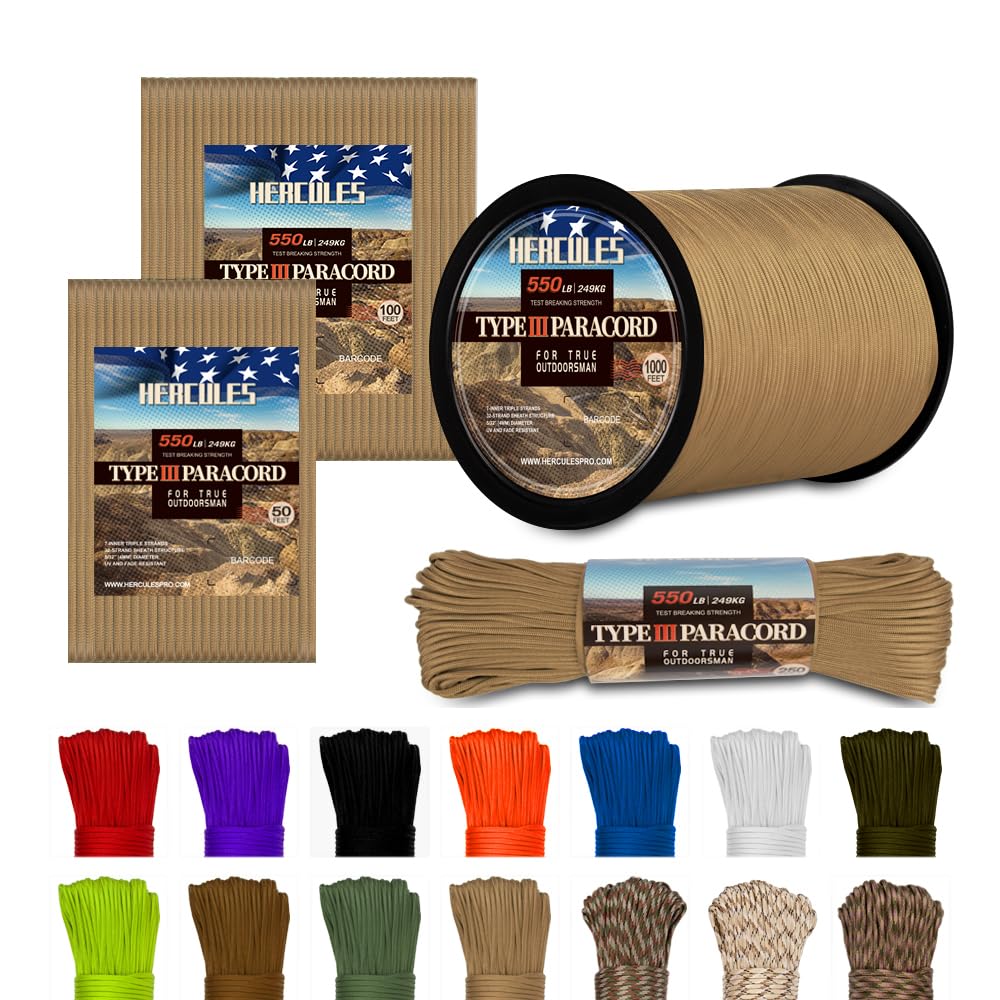 HERCULES Type III Paracord 550 Paracord Rope Parachute Cord, 100' Desert Tan Paracord for Camping Rope, Survival Rope-image-8