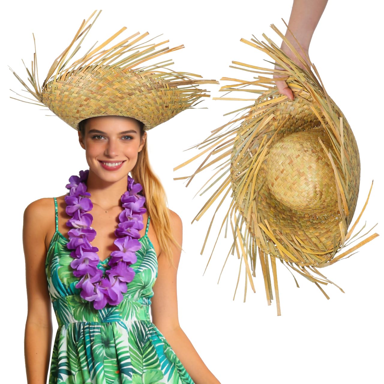 Photo 1 of Beaupretty Lightweight Woven Straw Hat for Men Hawaiian Style Beach Sun Hat Breathable Summer Headwear Suitable for Head Circumference Outdoor Activities and Parties