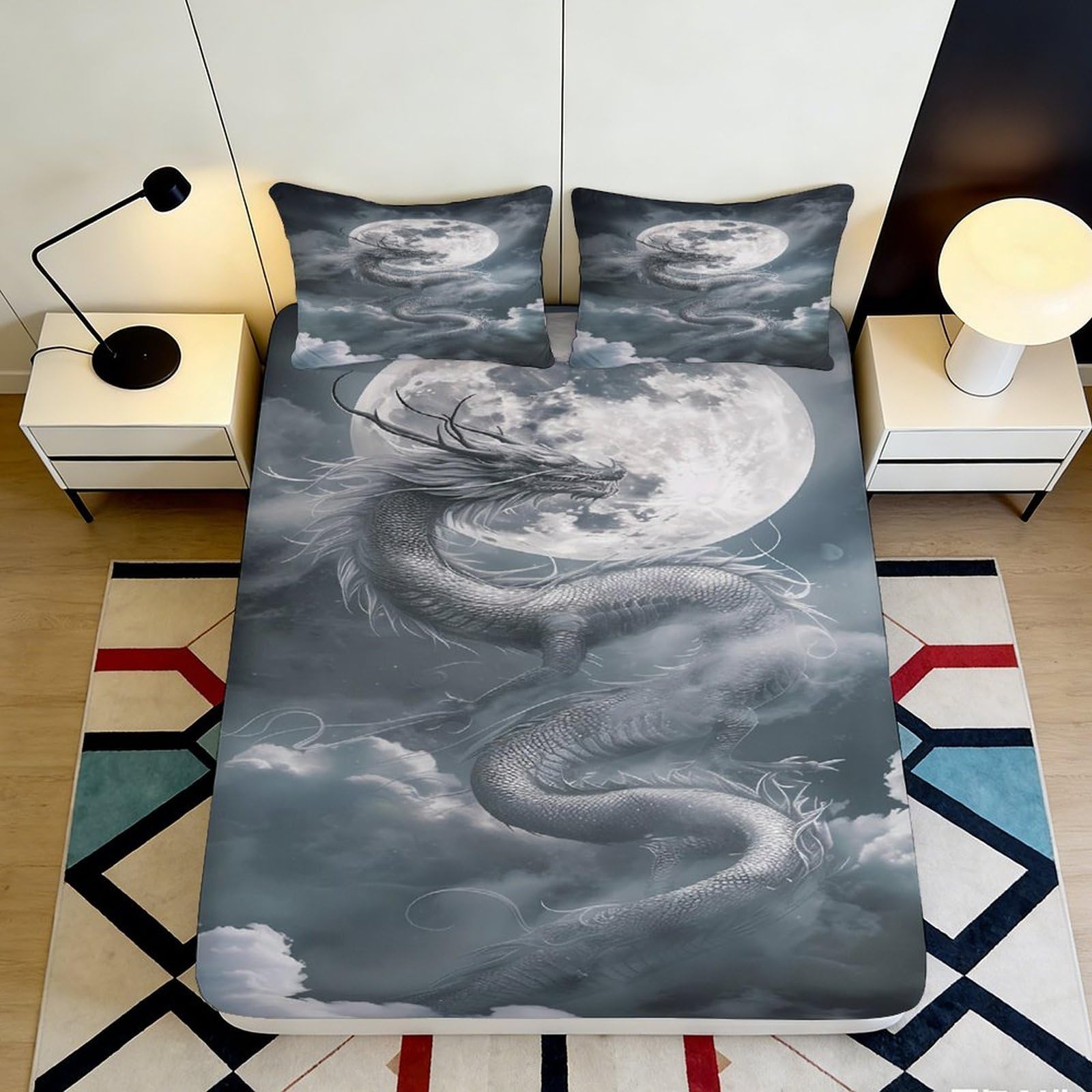 3D Printed Dragon Moon Fitted Sheet Microfiber Soft Breathable Cloud Bed Sheet for Bedroom Dormitory Guest Room Mattress Protection Decor 180x200x25cm