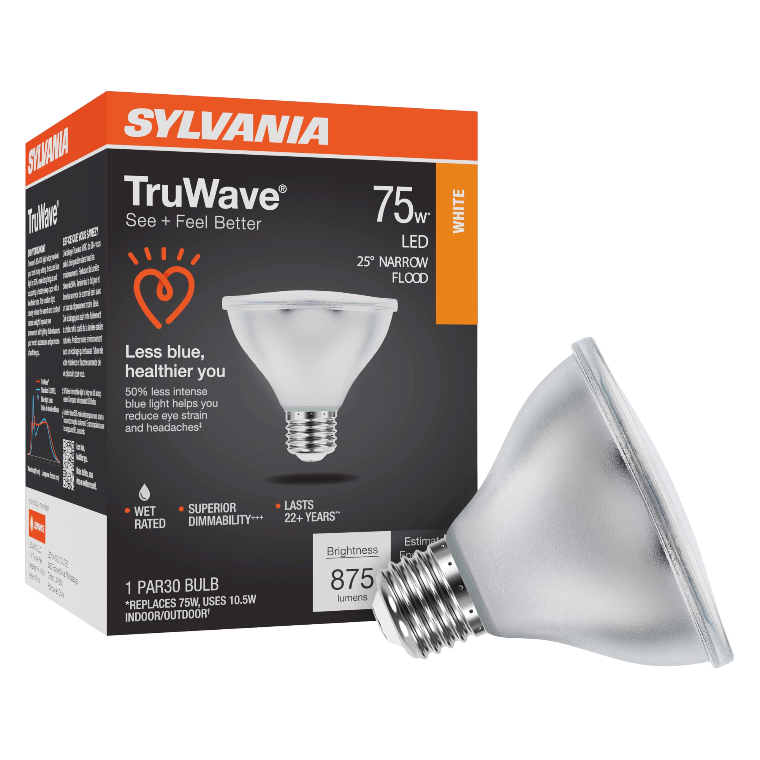 Sylvania LED TruWave Natural Series PAR30 Light Bulb, 75W Equivalent, Efficient 9W, Medium Base, Dimmable, 3000K, White - 1 Pack (40914)[Packing and Description may vary]