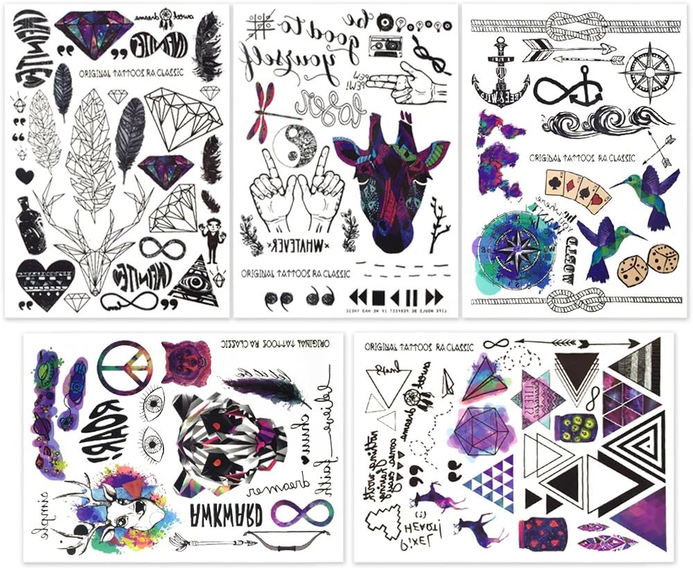 Hakuna 5 Sheets Temporary Tattoo Stickers - Over 100+ Cool Fake Tattoo Designs in Black and Vivid Colors. Type: Feather, Deer, Bird, Leaf, Dragonfly, Anchor, Arrow, Letter, Symbol, etc.