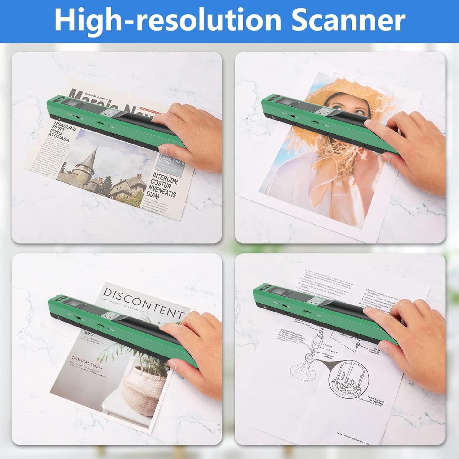 Ymiko A4 Document Scanner Portable High Resolution 900 DPI Multifunctional Handheld Image Scanner for Home Office Banking Library (Green)
