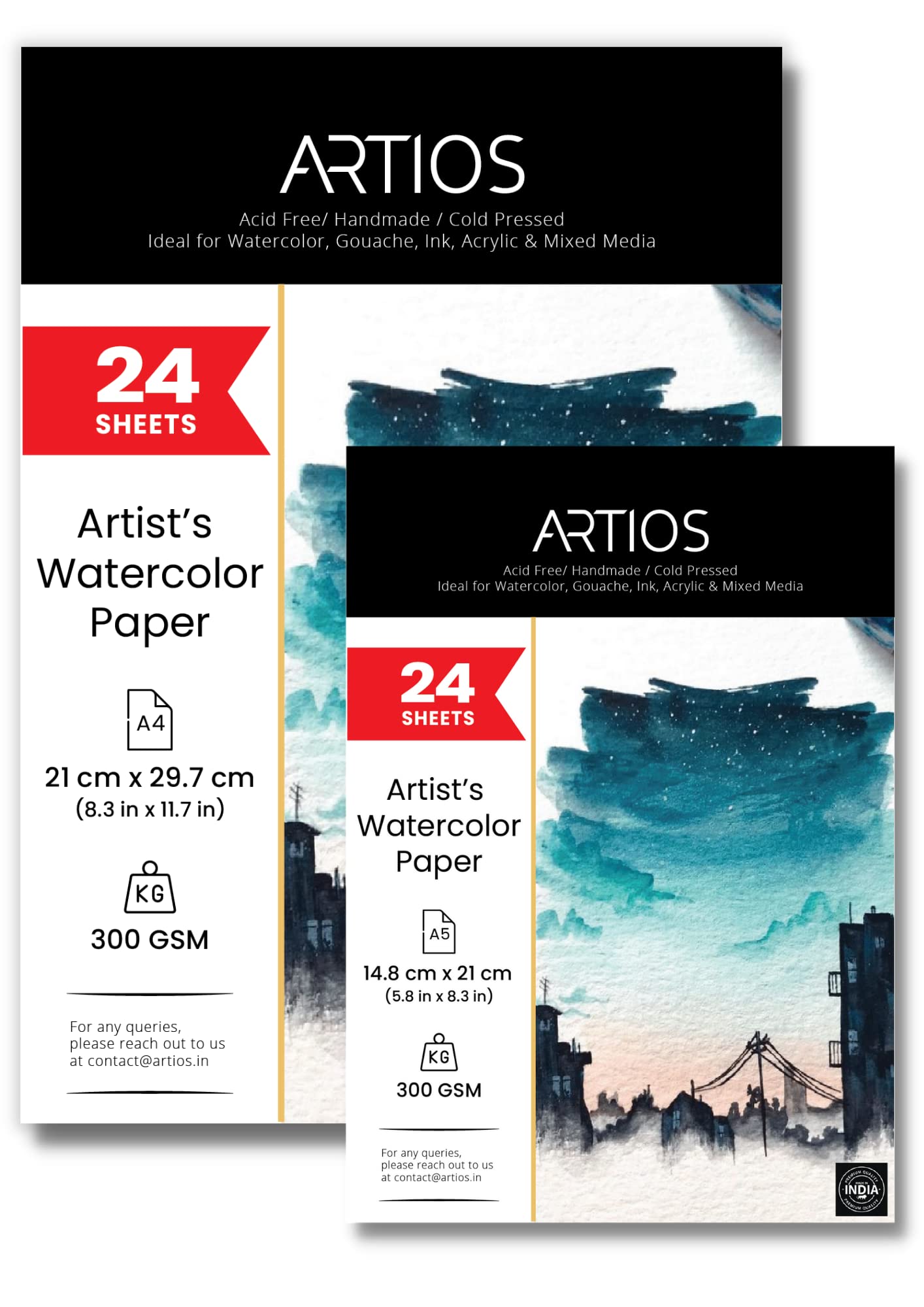 ARTIOS Artists Watercolor Paper Combo - A4 (24 Sheets) + A5 (24 Sheets) 300 GSM 100% Cotton, Cold-Pressed, Handmade Papers for Watercolour, Acrylic, Gouache, Ink & Mixed Media (B09JT3PM37) Amazon Price History, Amazon Price Tracker