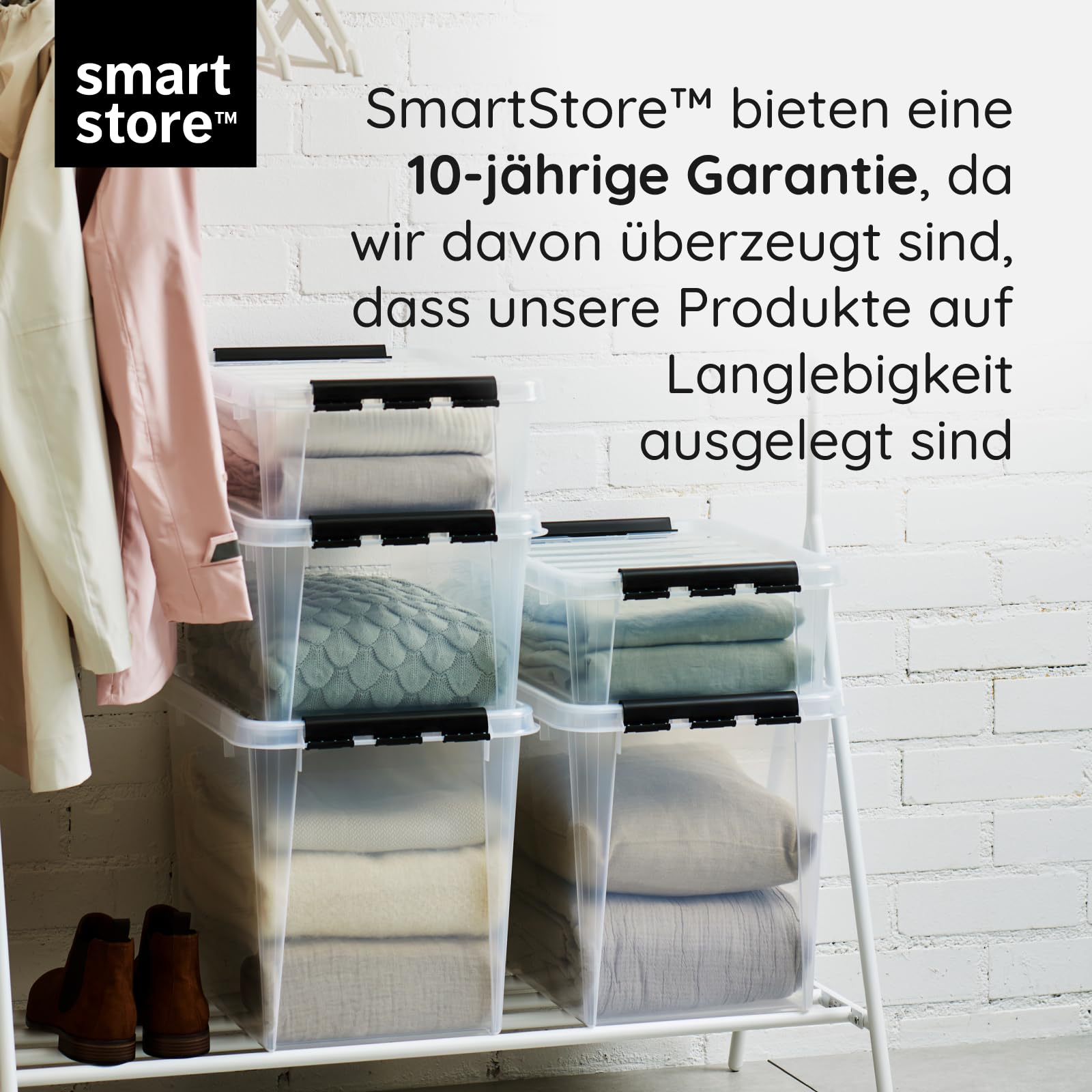 SmartStore Aufbewahrungsboxen mit Deckel, groß, 52 l, transparent, 5er-Pack, verstärkt, 10 Jahre Garantie, lebensmittelecht, mit Clipverschluss, stapelbar, BPA-freier Kunststoff, 50 x 39 x 41 cm
