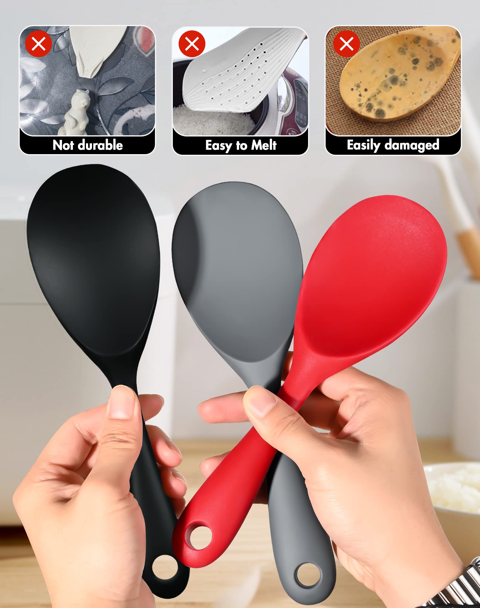 Rice Paddle, Non Stick Rice Spoon Rice Spatula, No Scratch Rice Cooker Rice Scoop Tableware Food Serving Spoons For Home Kitchen Tools (3 PCS, Pink, Green, Blue