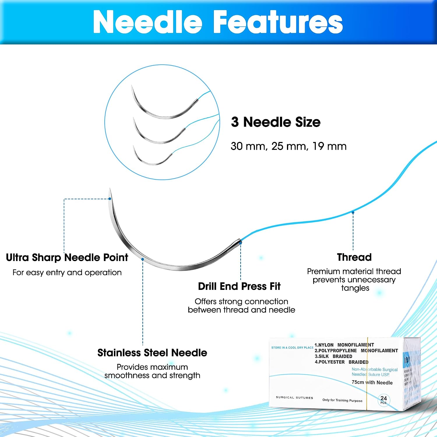 24 Mixed 2/0, 3/0, 4/0 Sutures Thread with Needle, Suture Kit,Suturing Practicing for Students Training (Nylon, Polyester, Polypropylene,Silk)