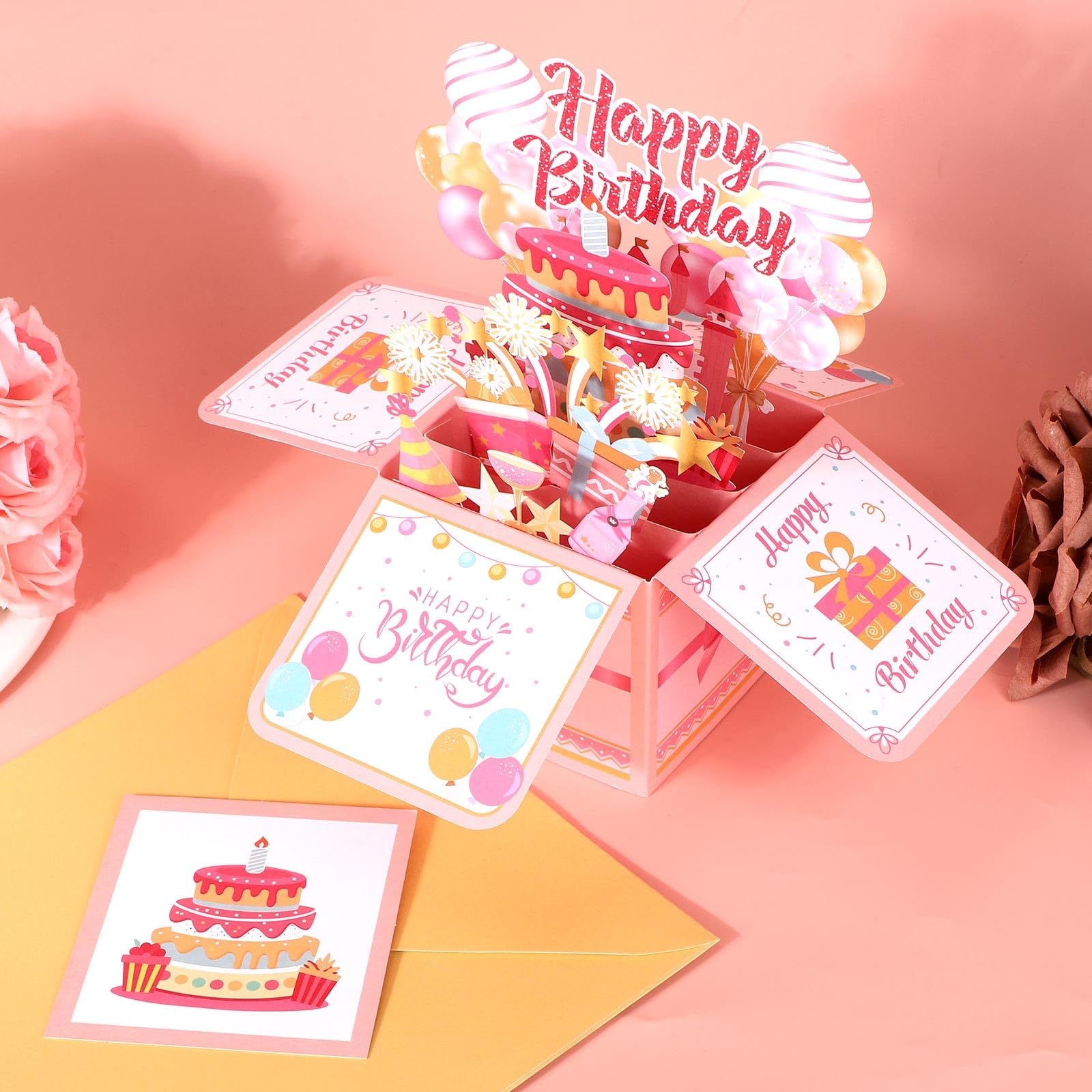 Happy Birthday Pop Up Card With Envelope, Colored Balloons & Fireworks 3D Birthd