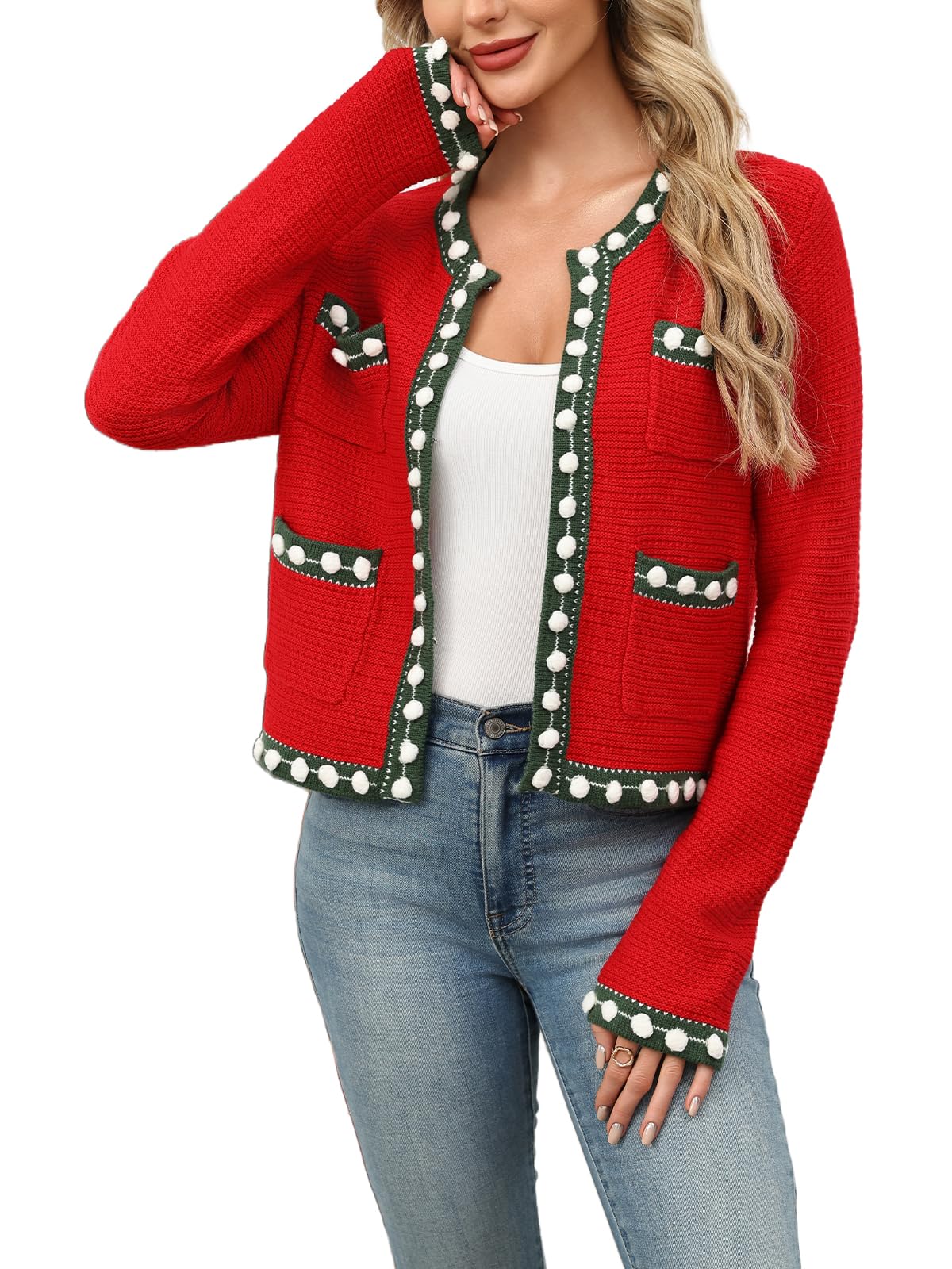 Cropped Cardigan for Women Open Front Jackie O Sweater Jacket Button Down Fall Chunky Knit Coats