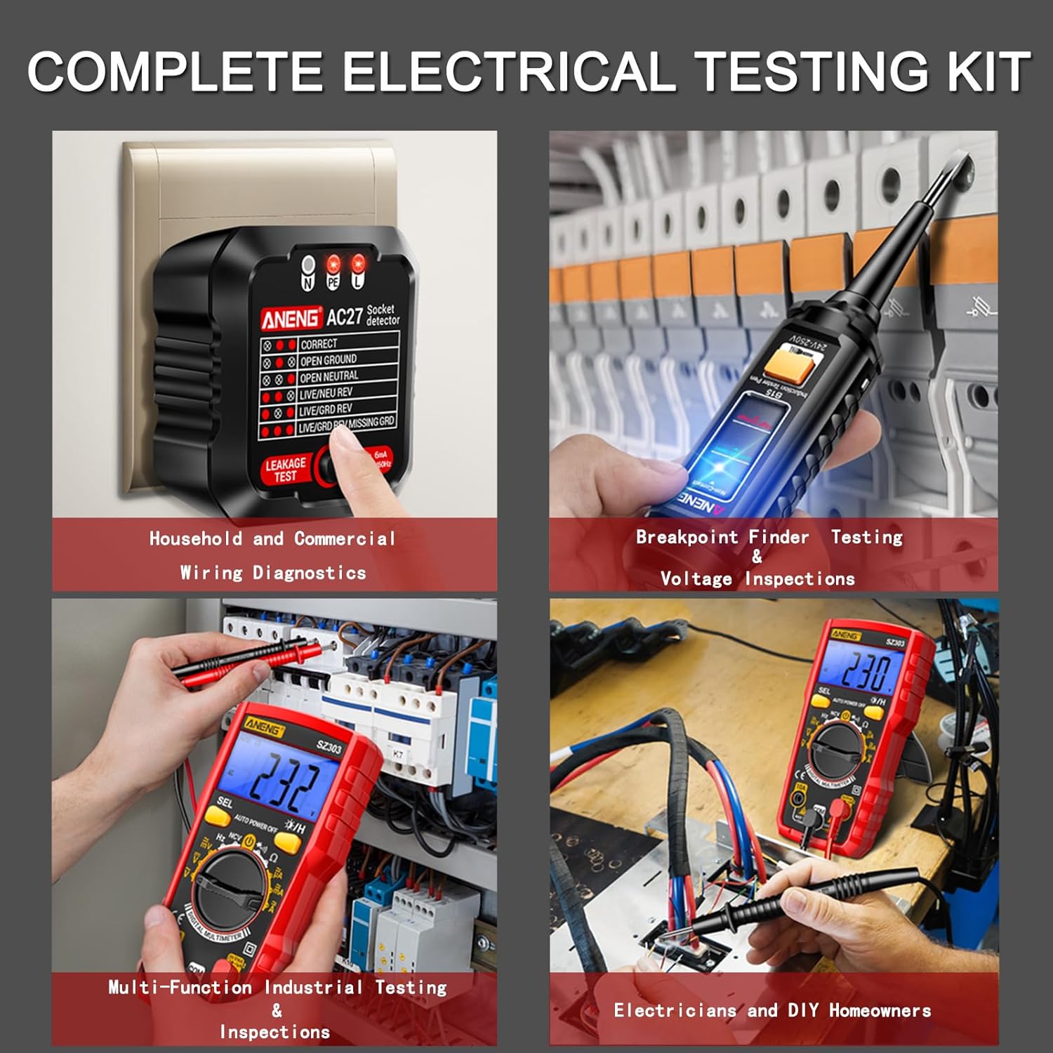 Electrical Test Kit with Digital Multimeter,Non Contact Voltage Tester,Outlet Tester,Auto-Ranging AC/DC Voltage,Current,Continuity,Resistance, Frequency,Breakpoint Finder,DIY Household Tools