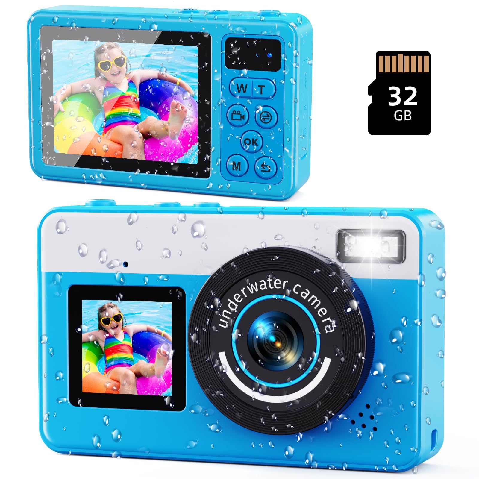 Underwater Digital Camera - MaxMango 10 FT Waterproof Floating Camera with 32GB Card, Dual Screen Selfie Camera for Snorkeling, Swimming, Skiing, 48MP 18X Autofocus Compact Point and Shoot Digital