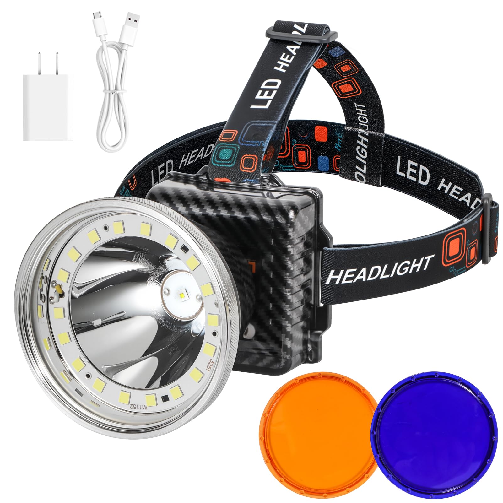 Wiederaufladbare LED-Stirnlampe mit Flut- und Punktstrahl, Leistungsanzeige, 5 Beleuchtungsmodi, Gelb/Blau-Filterlinse, Hohe Lumen Outdoor Wasserdichte Stirnlampe für Angeln, Jagd, Wandern