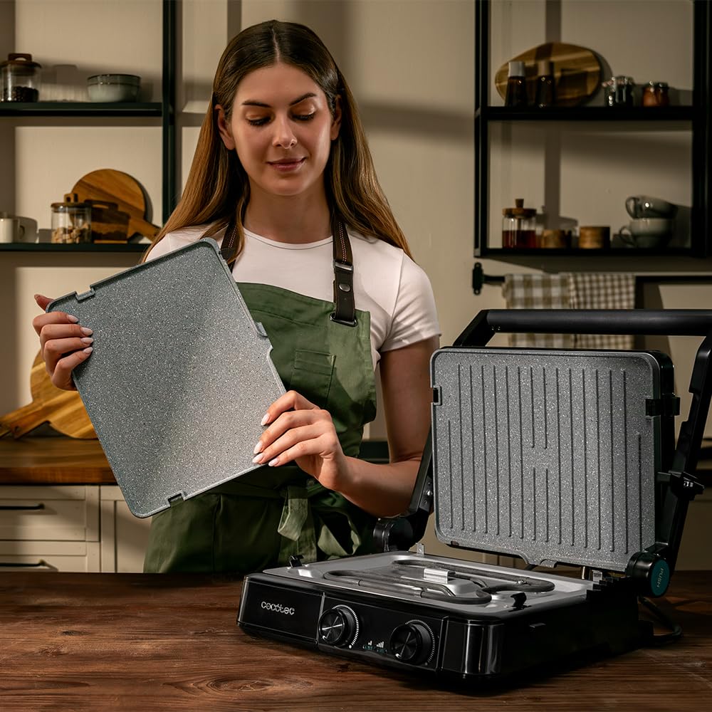 Cecotec Rock'nGrill 2200 Dual Grill elektryczny 2200 W, otwarcie 180°, podwójna temperatura, nieprzywierająca RockStone, odwrócone płyty, zbierające, wskaźnik świetlny, 29 x 23 cm