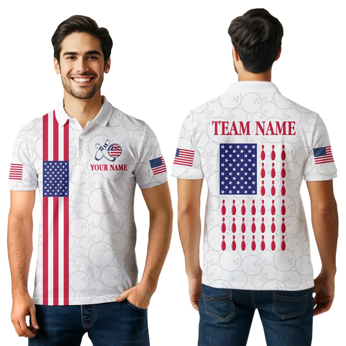 PIONAMZIOZ American Flag Bowling Shirts for Men Women Custom Patriotic Bowling Polo Shirt White1/4 Zip Shirt (US, Alpha, Small, 5X-Large, Regular, Regular, Men Polo)