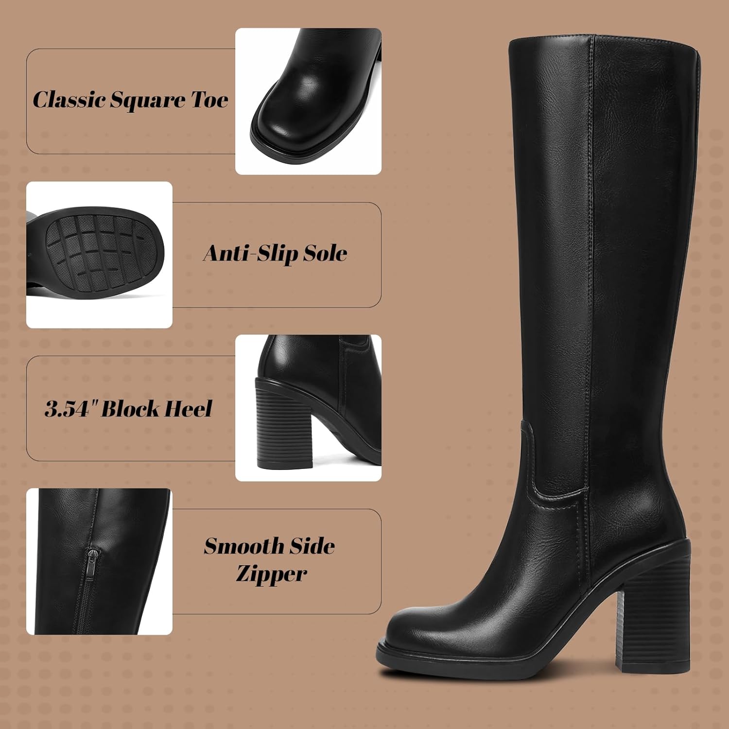 CYNLLIO Knee High Boots for Women Tall Platform Gogo Boot Heeled Leather Botas w/ 3.54" Chunky Heel Square Toe Side Zipper