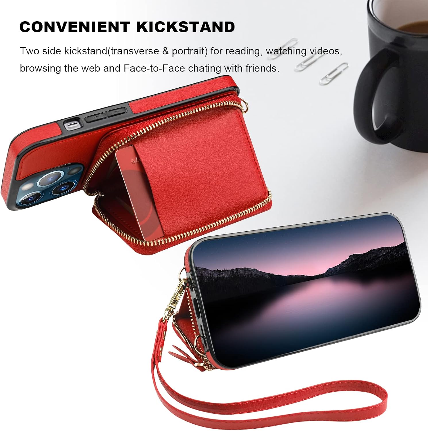 Bocasal RFID Blocking Wallet Case for iPhone 13 Pro, Adjustable Crossbody Zipper Purse Case Card Holder with Kickstand Detachable Wrist Strap, PU Leather Flip Folio Case 6.1 Inch 5G (Red)