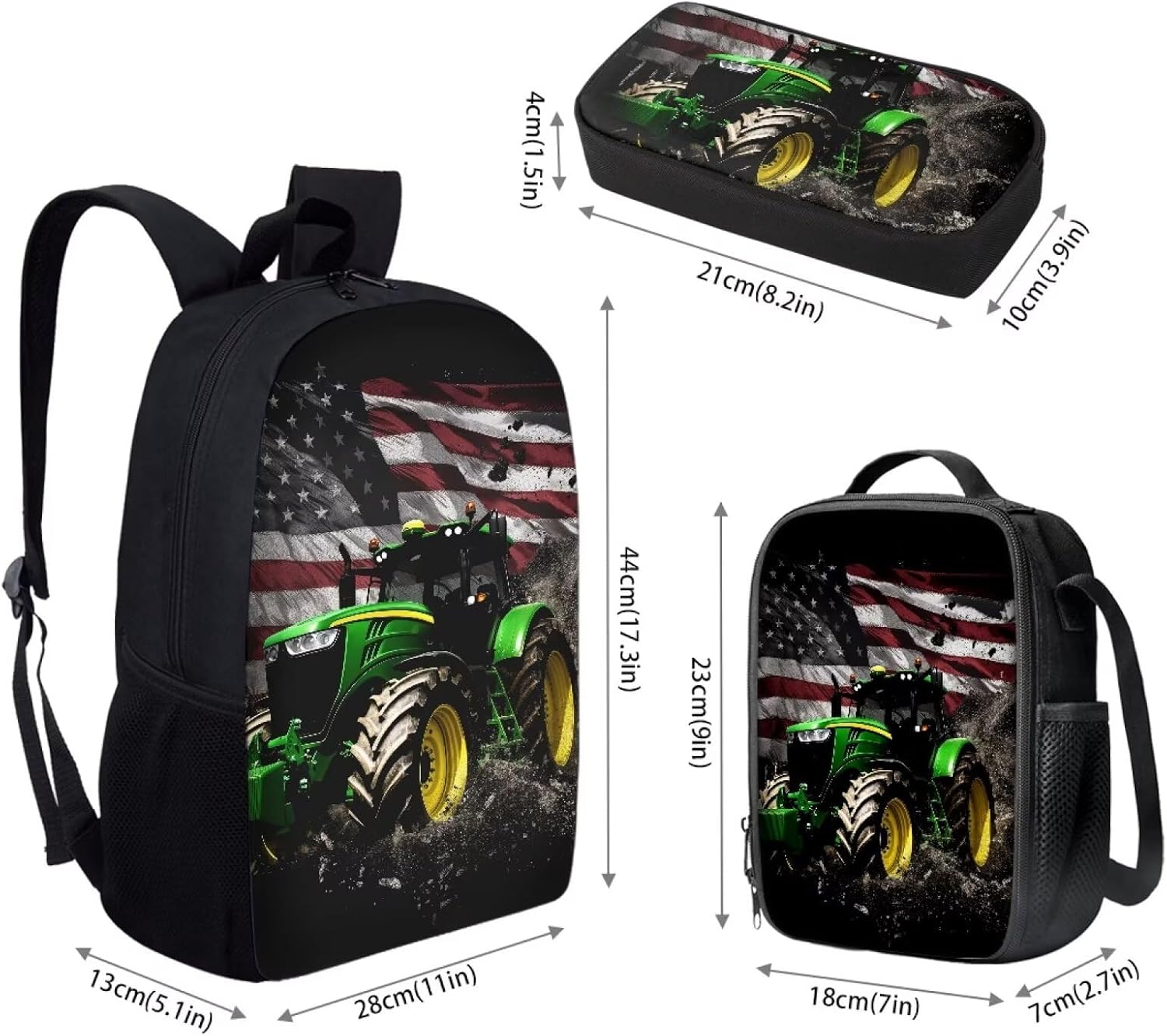 American Flag Tractor Backpack with Lunch Box and Pencil Bag Set for Boys Kindergarten Elementary Middle School Backpack 3 Pcs Kids Bookbag Age 6-18