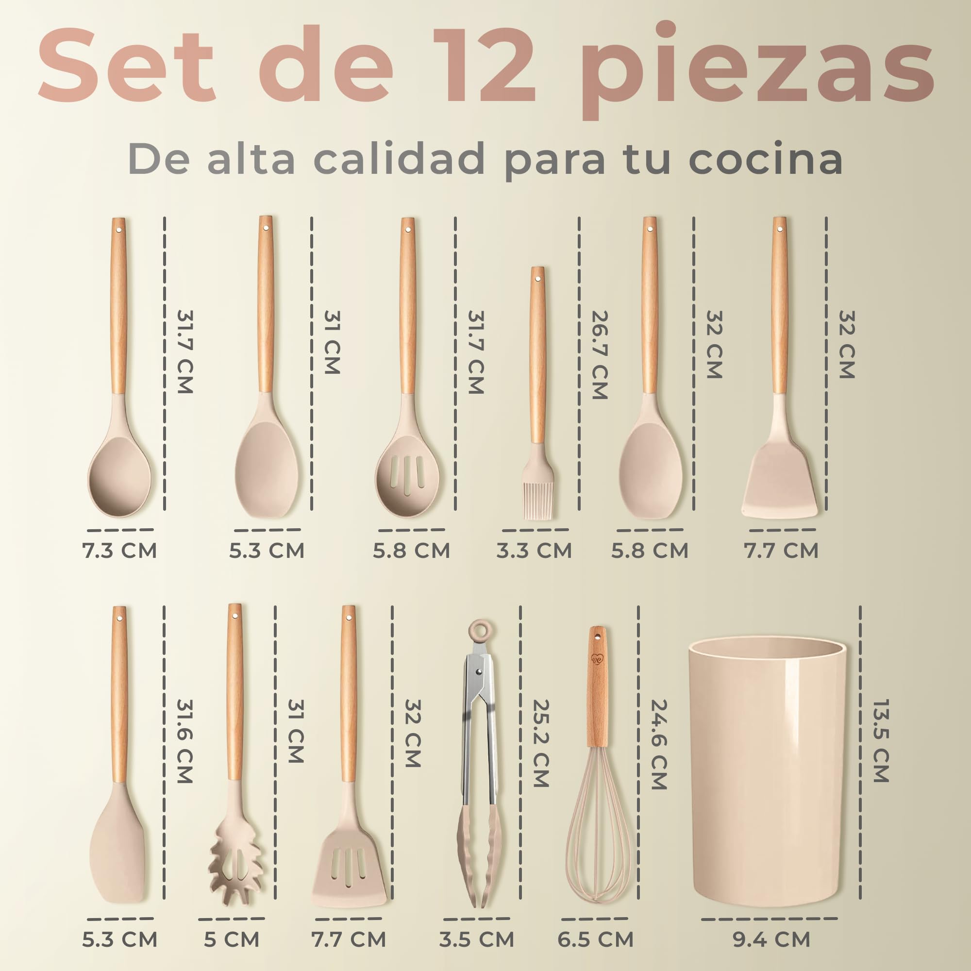 JUPPLIES Juego de Utensilios de Cocina de Silicona 12 Piezas con Mangos de Madera y Soporte Organizador – Set Antiadherente Resistente al Calor – Apto para Todas Las Ollas y Sartenes - Marrón — view 3