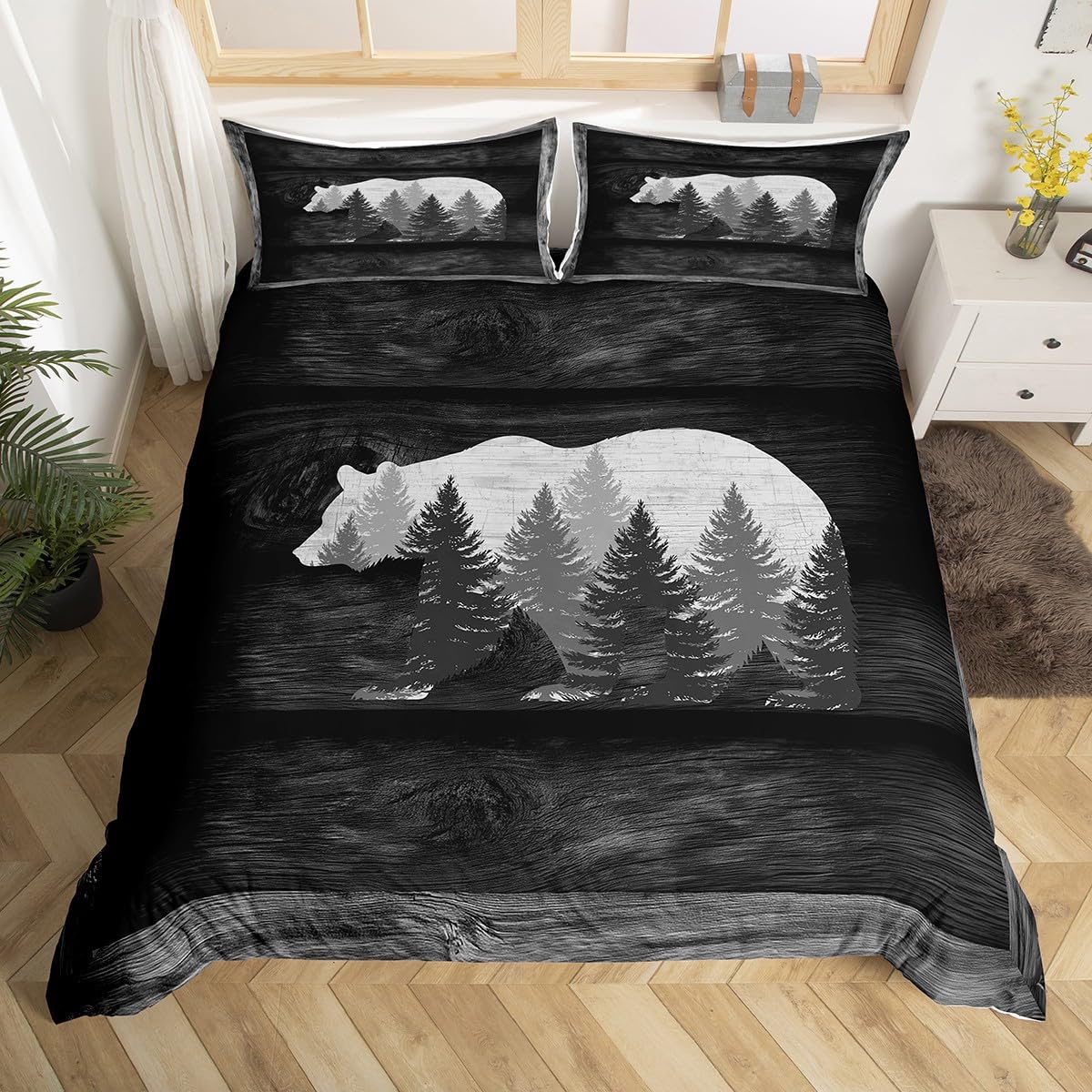 Lodge Cabin Duvet Cover Gray Bear Pine Tree Silhouette Pattern Comforter Cover with 1 Pillowcase(No Comforter) Wild Animal Western Jungle Style Bedding Set for Teens Adults Twin Size 2 Pieces