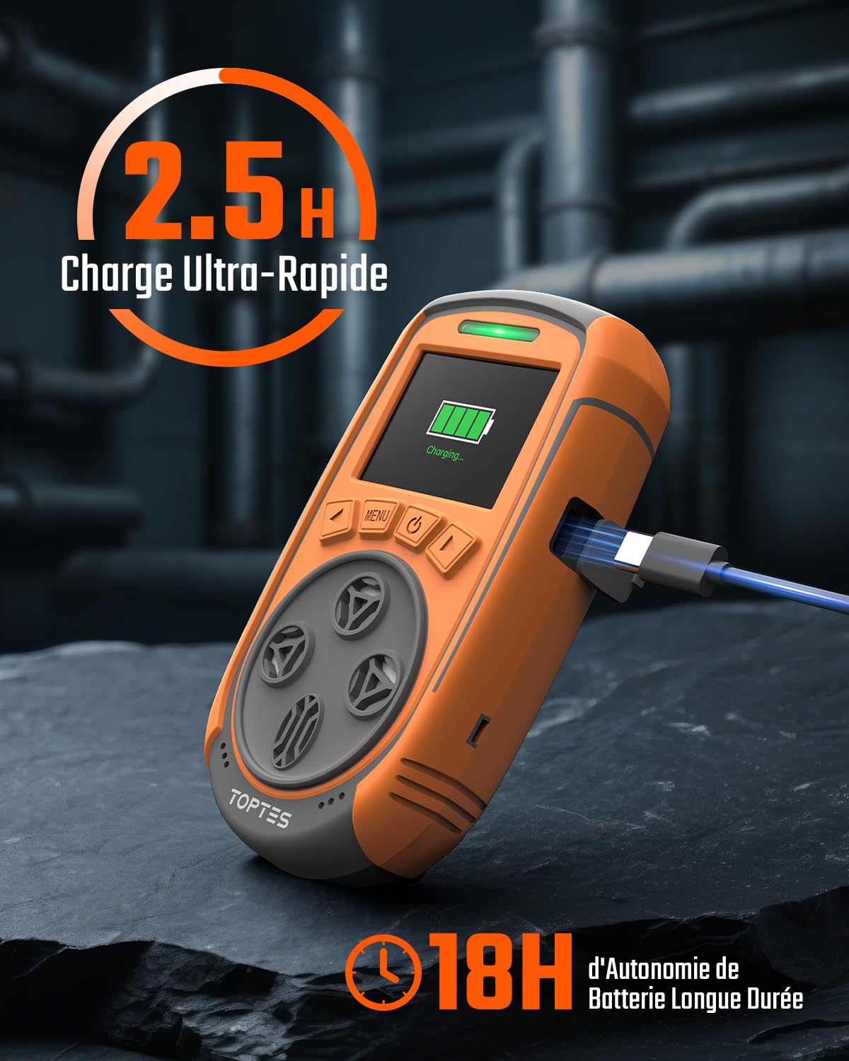 TopTes Détecteur De Gaz, Moniteur 4 Gaz pour H2S, CO, LEL Et O2, avec Écran Couleur TFT, Capteur O₂Amélioré (5 Ans), Exportation de Données USB,18h Autonomie, Fiable pour Travail & Maison